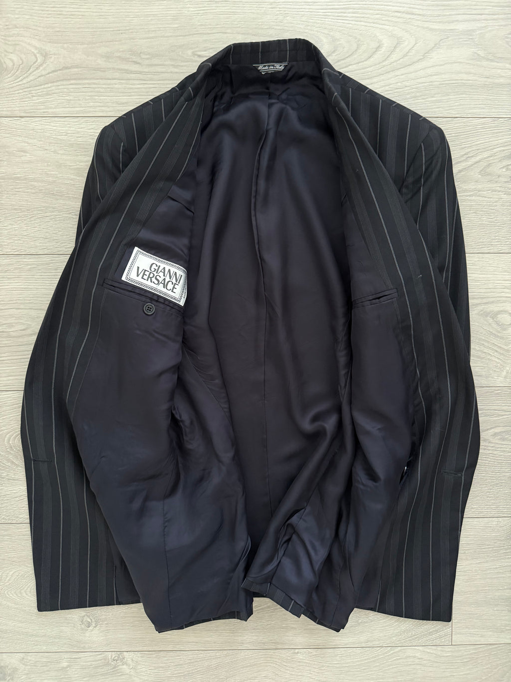 Versace 1980s Metal Button Notch Lapel Double Breasted Pleated Wool Striped Suit - Size S Jacket / 29" Waist