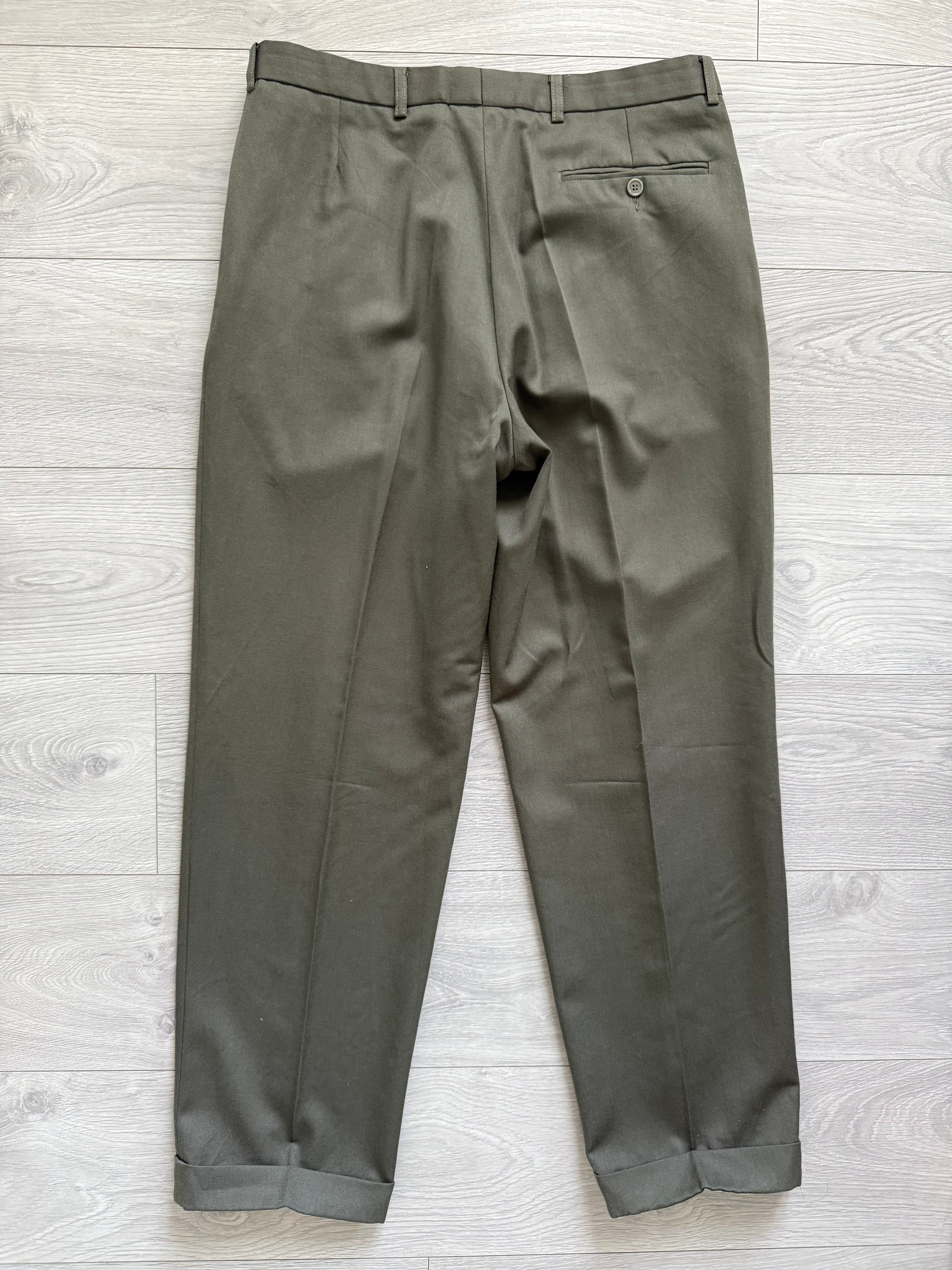 1980s Vintage Peaked Lapel Double Breasted Pleated Pure New Wool Olive Green Suit - Size XL Jacket / 34" Waist