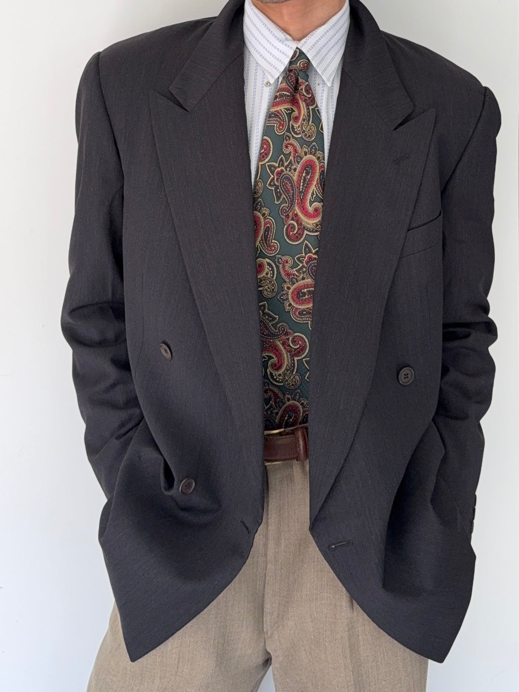 Giorgio Armani 1980s Grey Peaked Lapel Double Breasted Wool Sports Blazer Jacket - Size XL