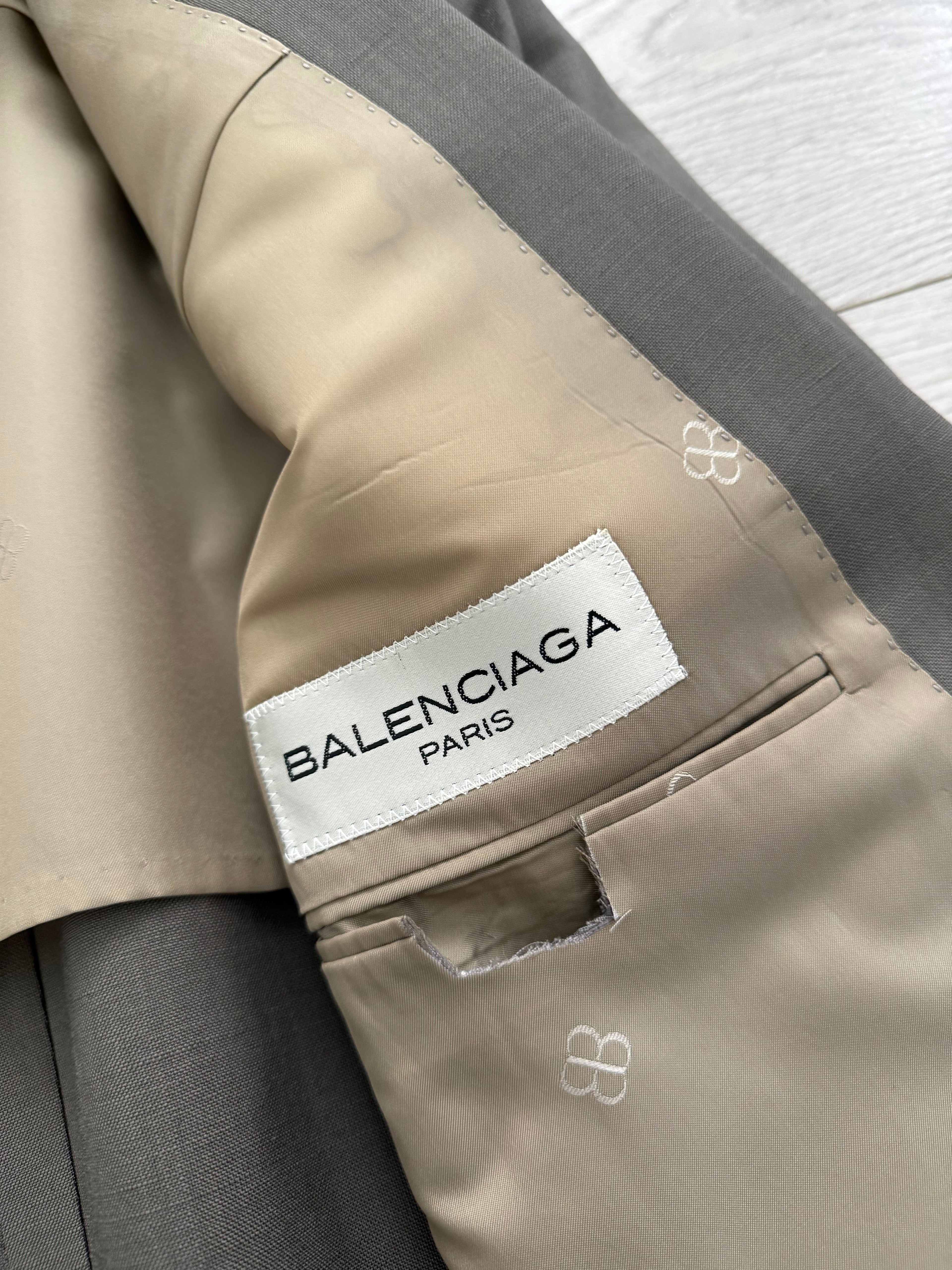 Balenciaga 1990s Peaked Lapel Double Breasted Metal Button Wool Khaki Suit - Size M Jacket / 36" Waist