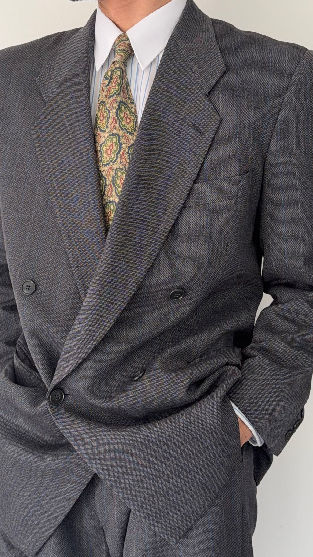 Giorgio Armani Mani 1980s Peaked Lapel Double Breasted Wool Suit Grey - Size L Jacket / 33" Waist
