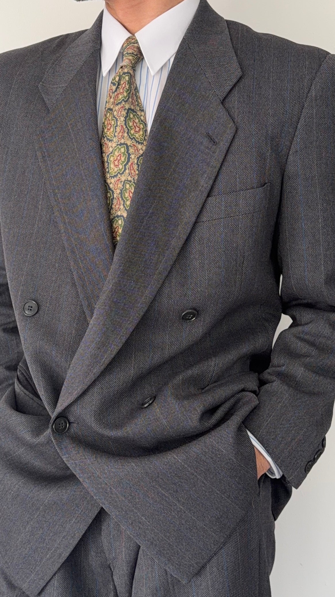Giorgio Armani Mani 1980s Peaked Lapel Double Breasted Wool Suit Grey - Size L Jacket / 33" Waist