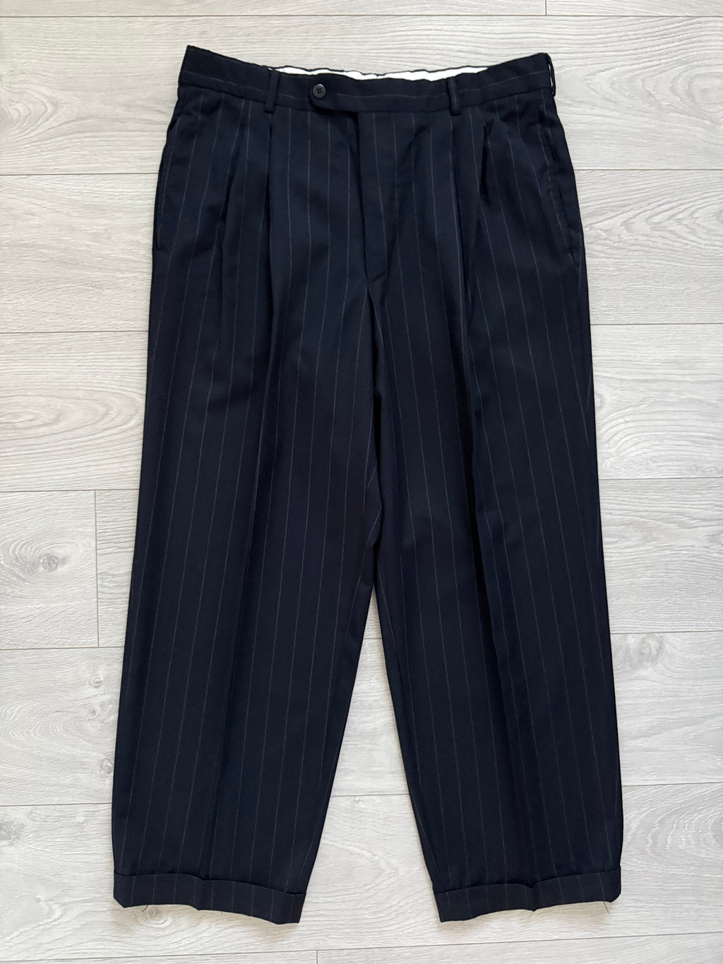 Hugo Boss 1980s 'Al Capone' Peak Lapel Double Breasted Pleated Striped Navy Suit - Size XXL Jacket / 36" Waist