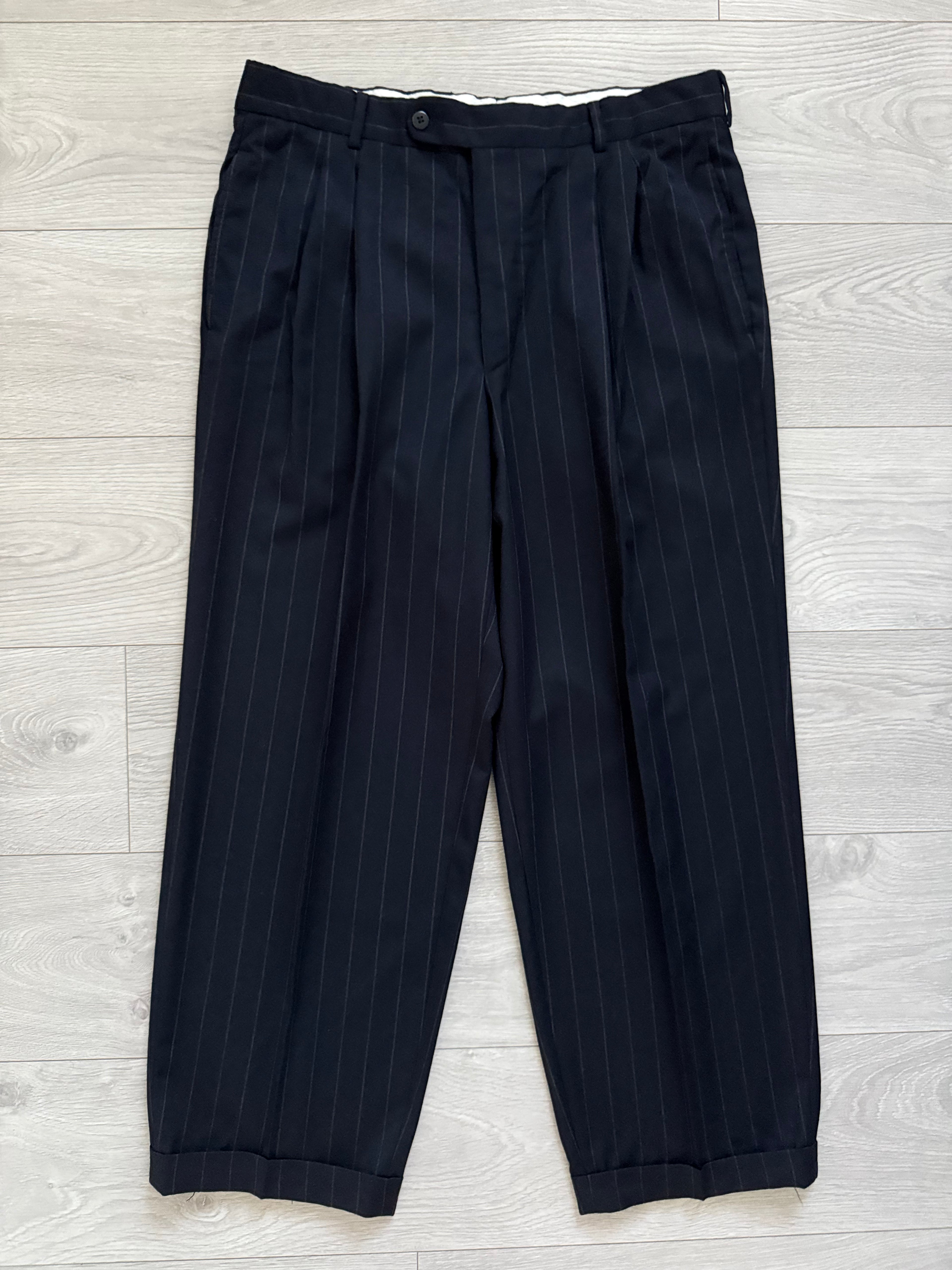 Hugo Boss 1980s 'Al Capone' Peak Lapel Double Breasted Pleated Striped Navy Suit - Size XXL Jacket / 36" Waist