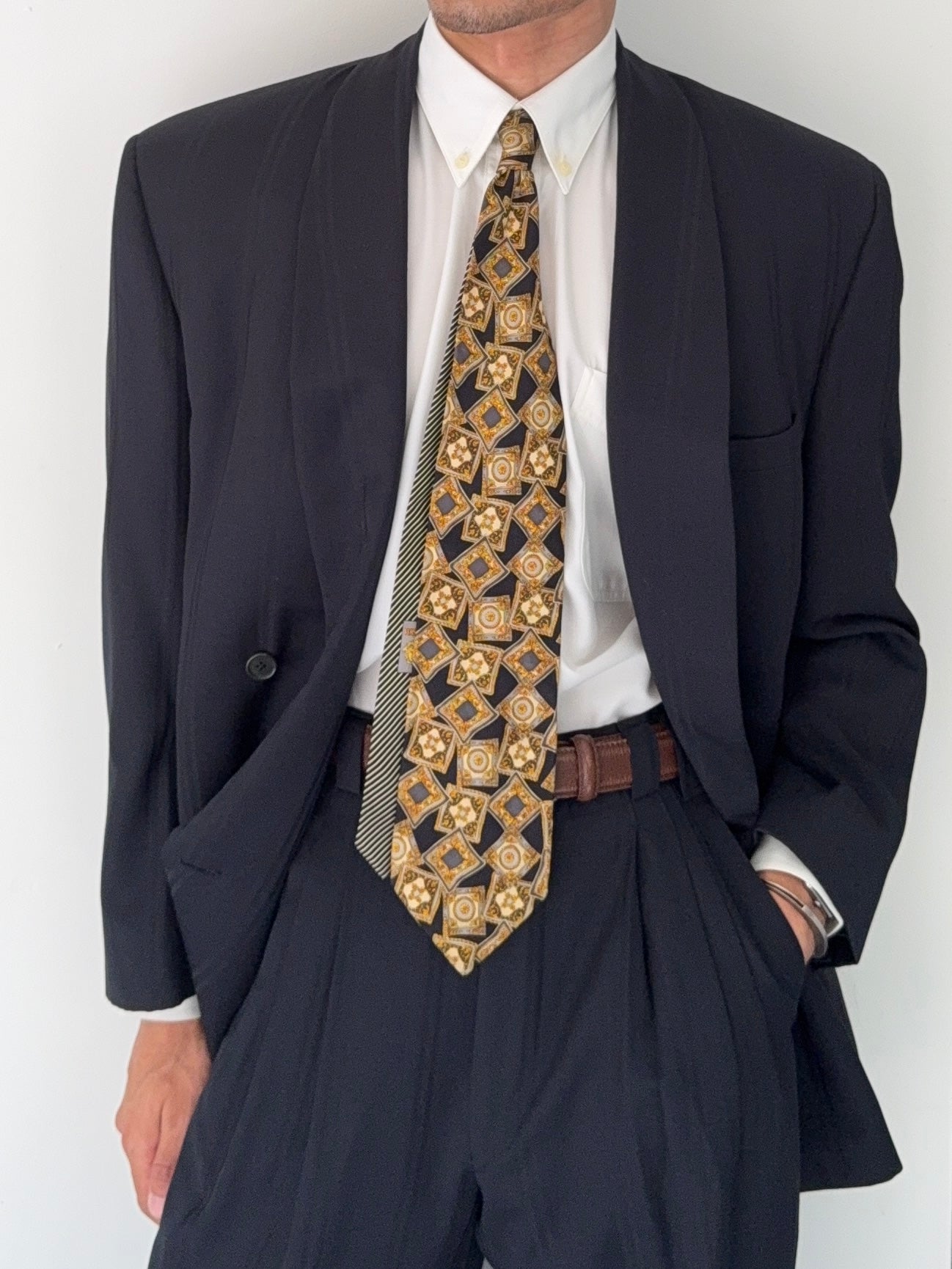 Versace 1980s Shawl Lapel Double Breasted Pleated Wool Striped Suit - Size M Jacket / 30" Waist