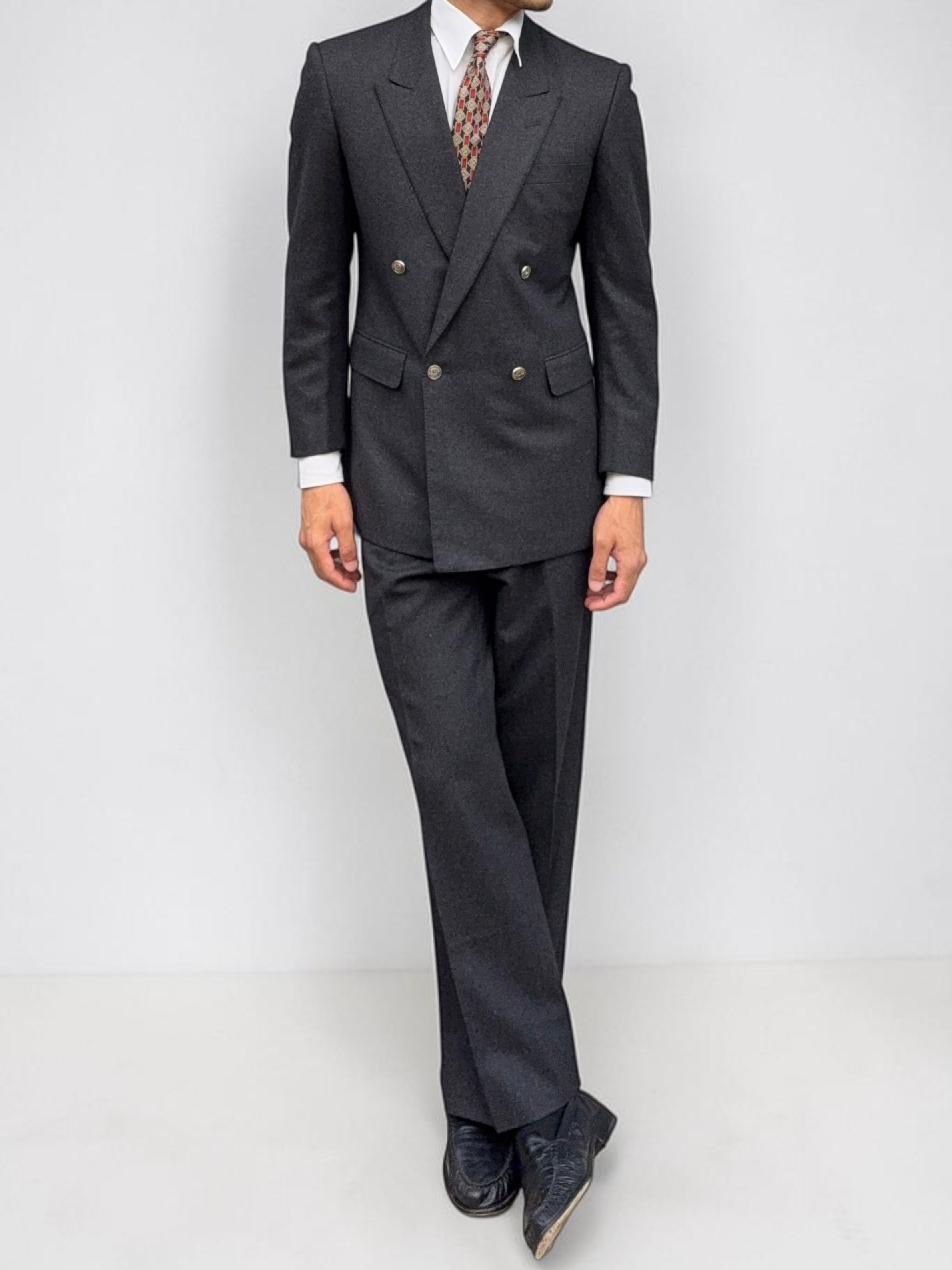 Christian Dior 1980s Peaked Lapel Double Breasted Metal Button Wool Suit - Size S Jacket / 29" Waist