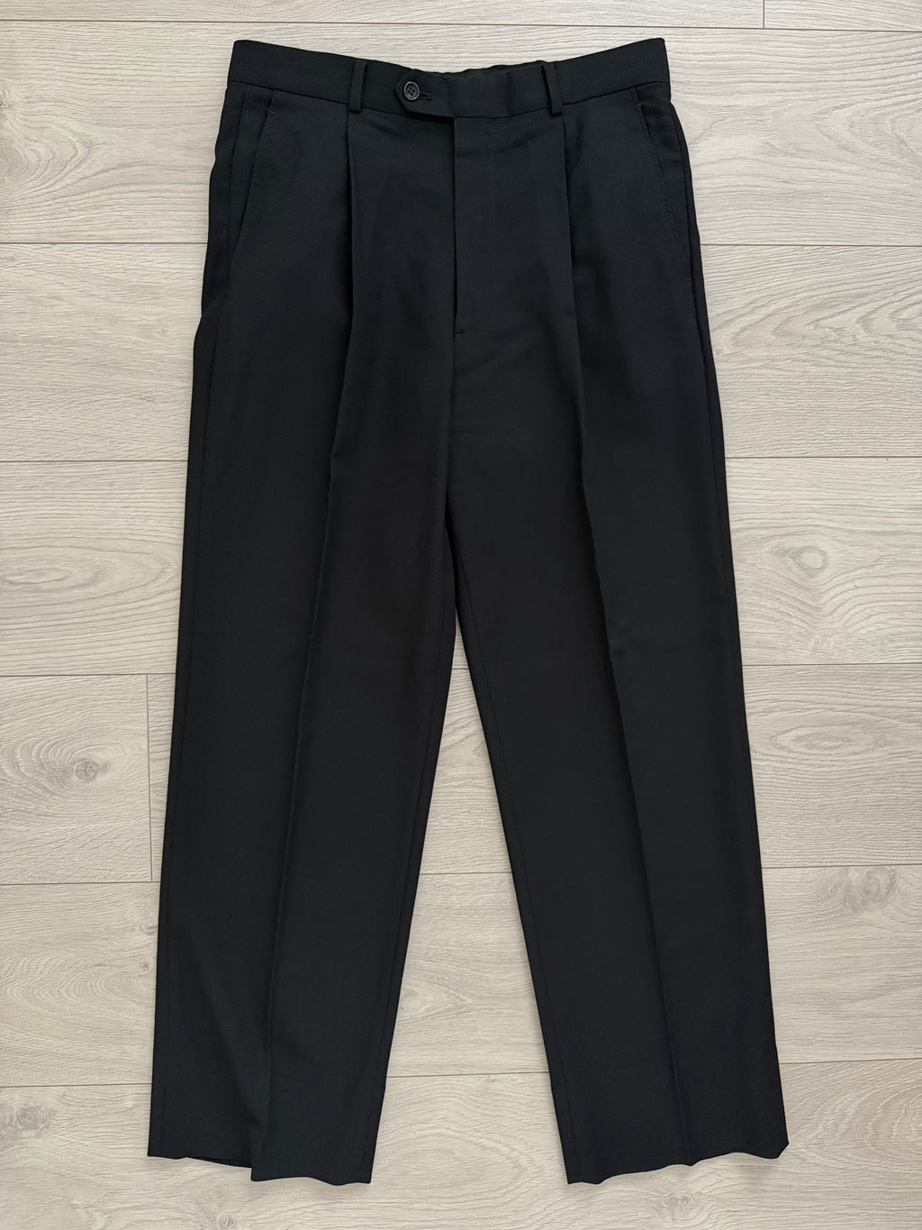 Armani 1990s Peaked Lapel Double Breasted Pleated Textured Wool Suit Black - Size S Jacket / 30" Waist