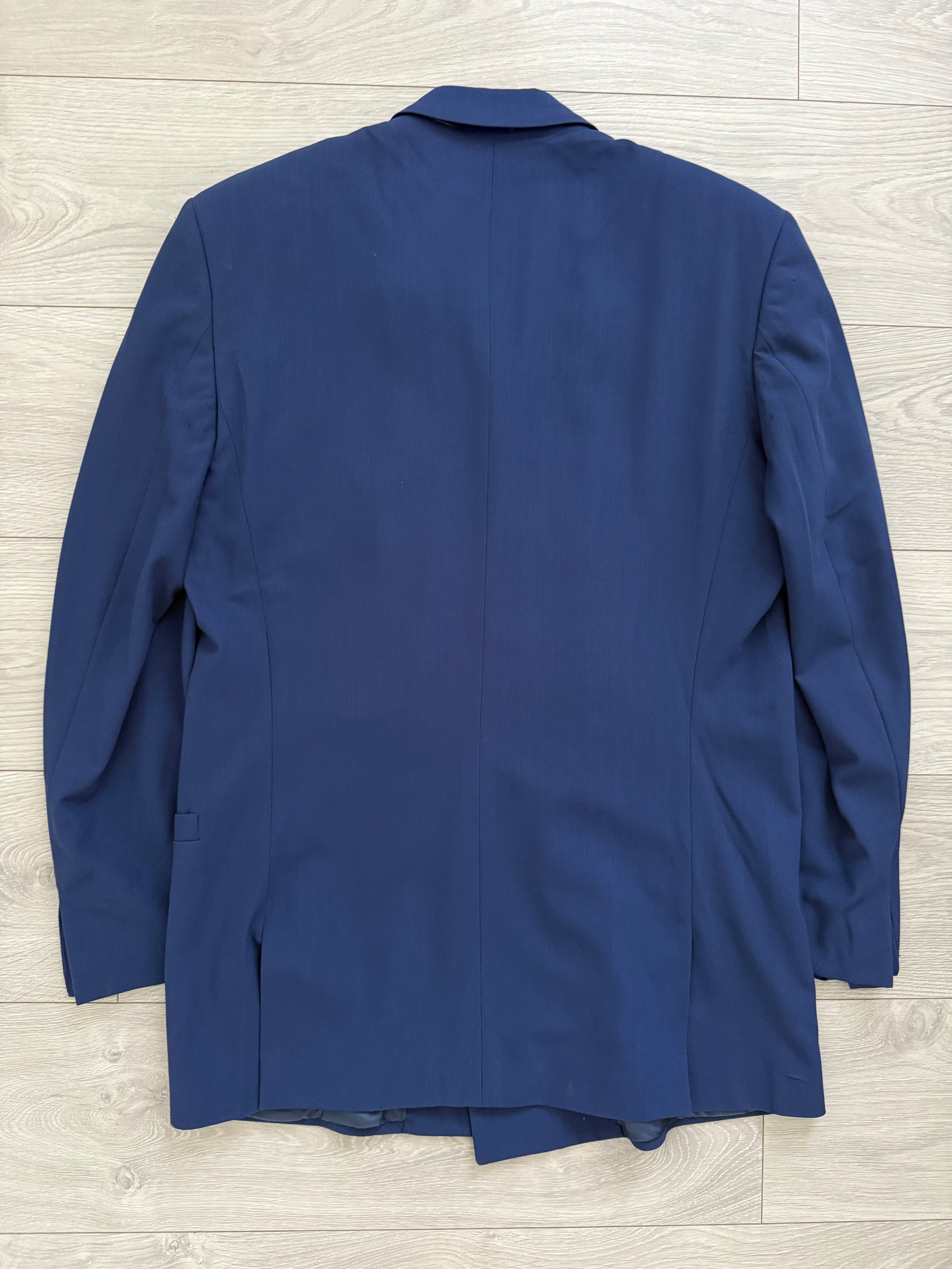 Versace 1980s Draped Hidden Button Peaked Lapel Double Breasted Pleated Wool Suit - Size L Jacket / 32" Waist