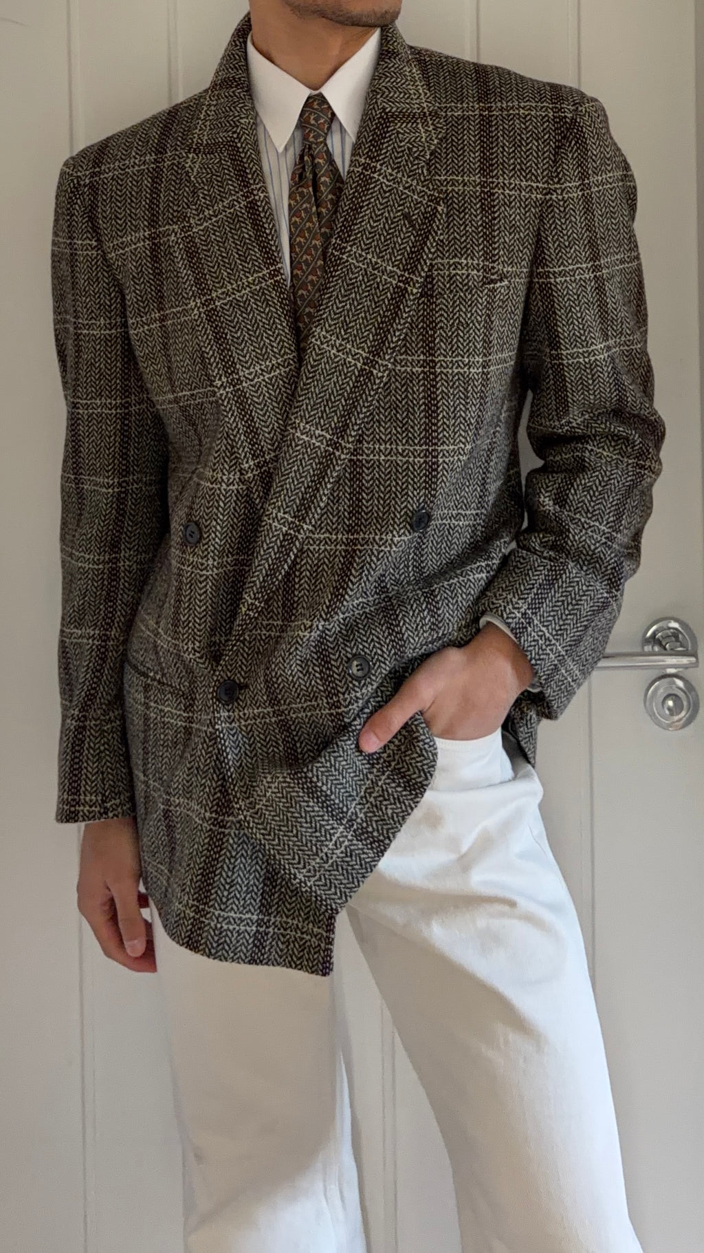 Giorgio Armani Double Breasted Check Wool Textured Sport Jacket Blazer - Size M