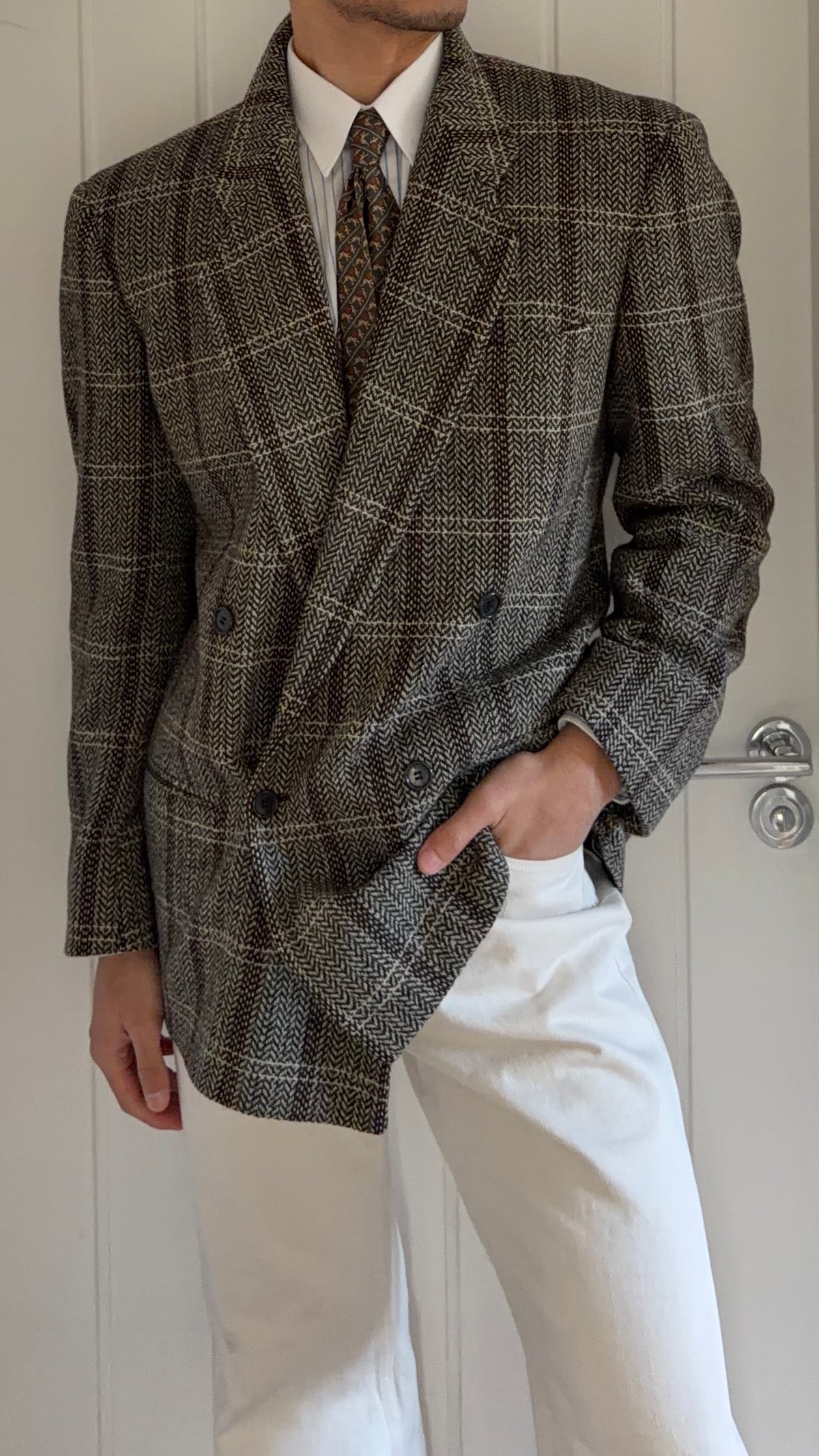 Giorgio Armani Double Breasted Check Wool Textured Sport Jacket Blazer - Size M