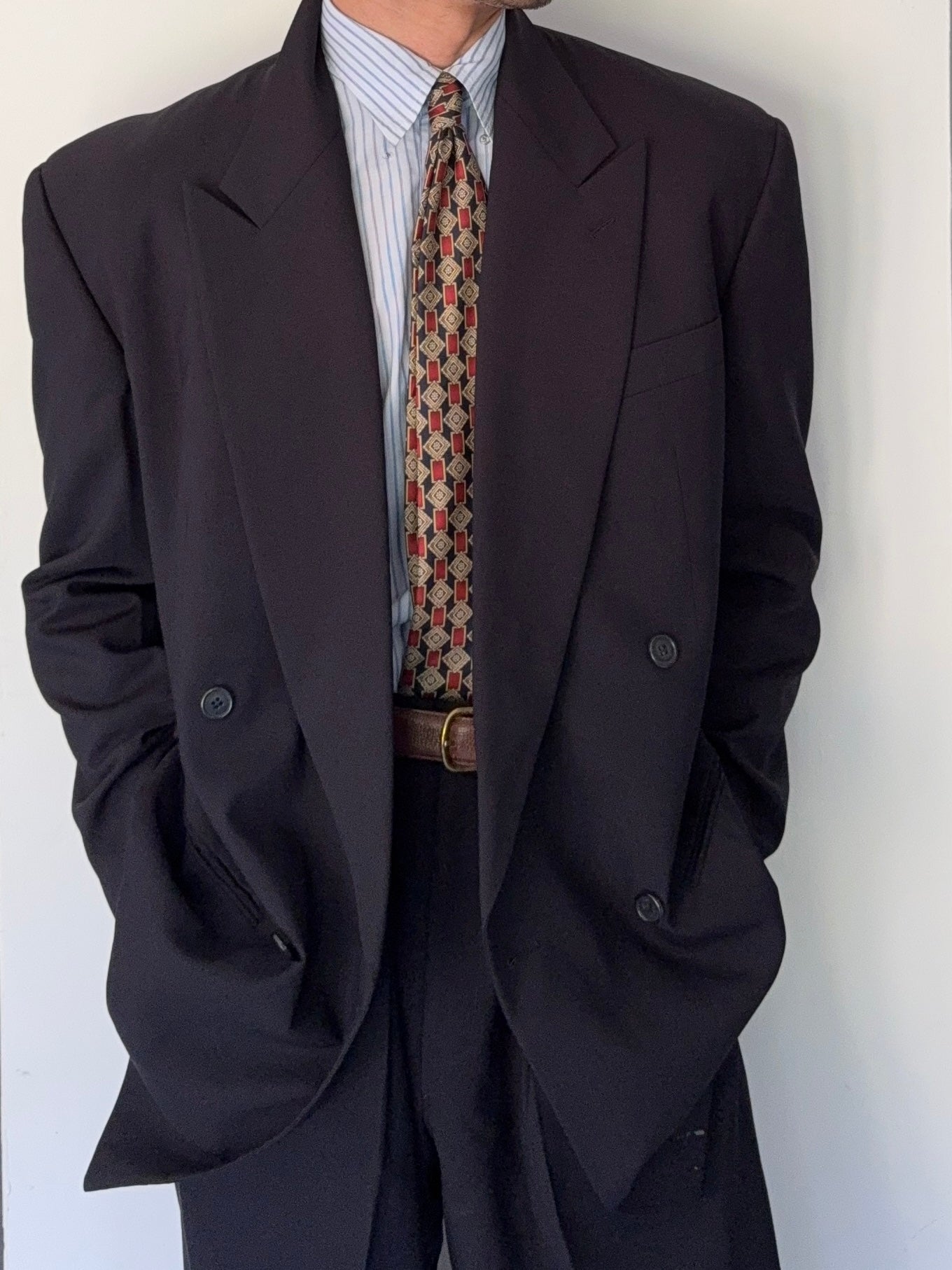 Giorgio Armani 1980s Peaked Lapel Double Breasted Wool Suit Navy