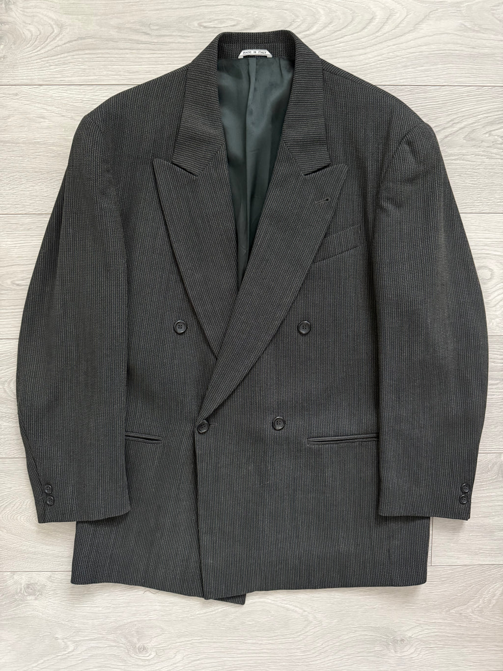 Vintage 1980s Peaked Lapel Double Breasted Pleated Wool Textured Grey Suit - Size XL Jacket / 36" Waist