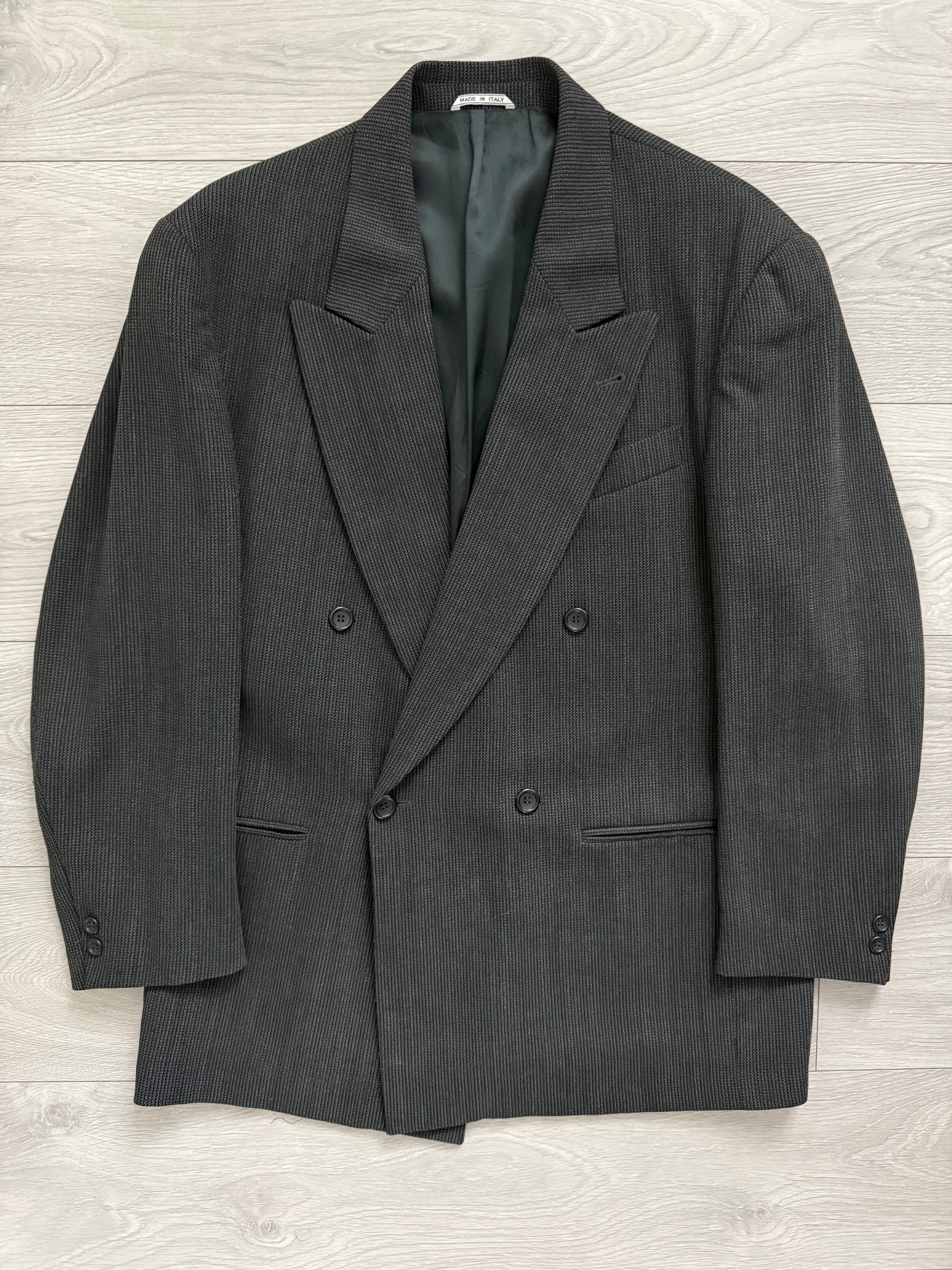 Vintage 1980s Peaked Lapel Double Breasted Pleated Wool Textured Grey Suit - Size XL Jacket / 36" Waist