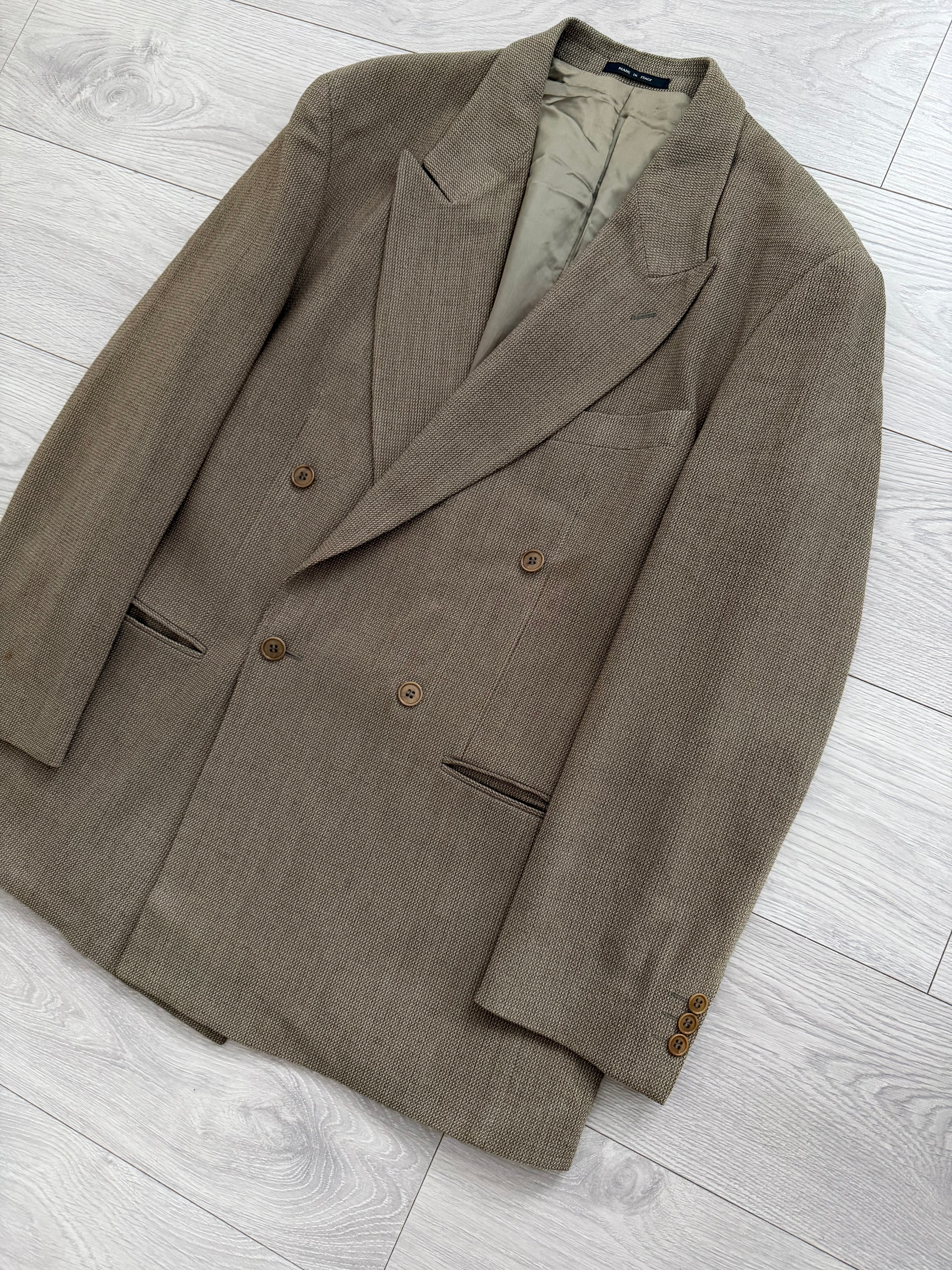 Emporio Armani 1990s Peaked Lapel Double Breasted Textured Weave Pleated Wool Suit - Size XL Jacket / 34" Waist