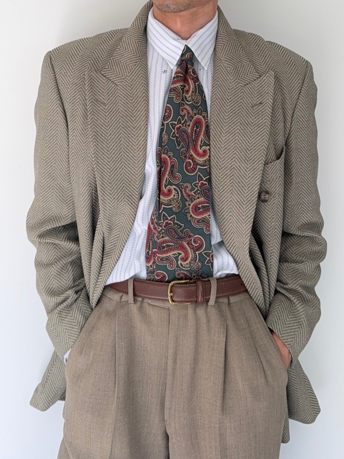 Hugo Boss 1980s 'Zeus' Peaked Lapel Double Breasted Herringbone Wool Sports Blazer Jacket - Size L