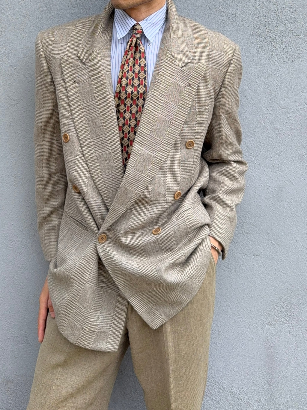 Valentino 1980s Peaked Lapel Double Breasted Textured Wool Sports Blazer Jacket - Size M
