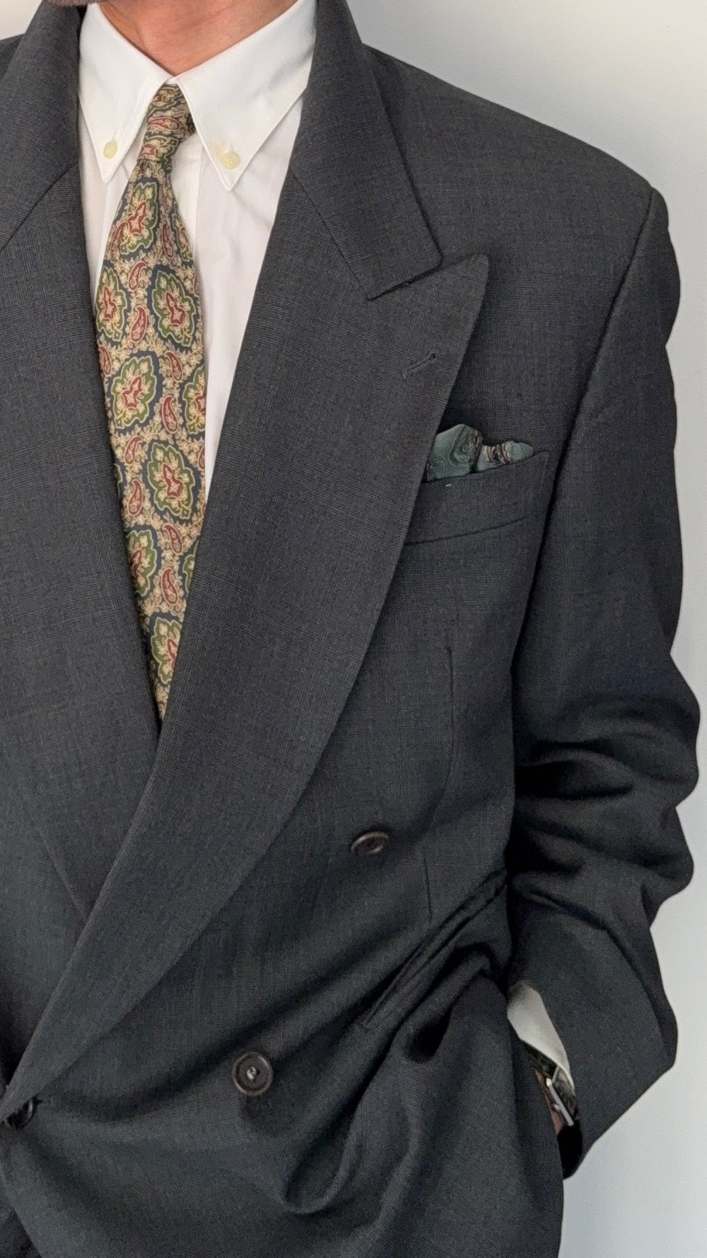 Hugo Boss 1980s Peaked Lapel Double Breasted Pleated Wool Suit Dark Green - Size XL Jacket / 36" Waist