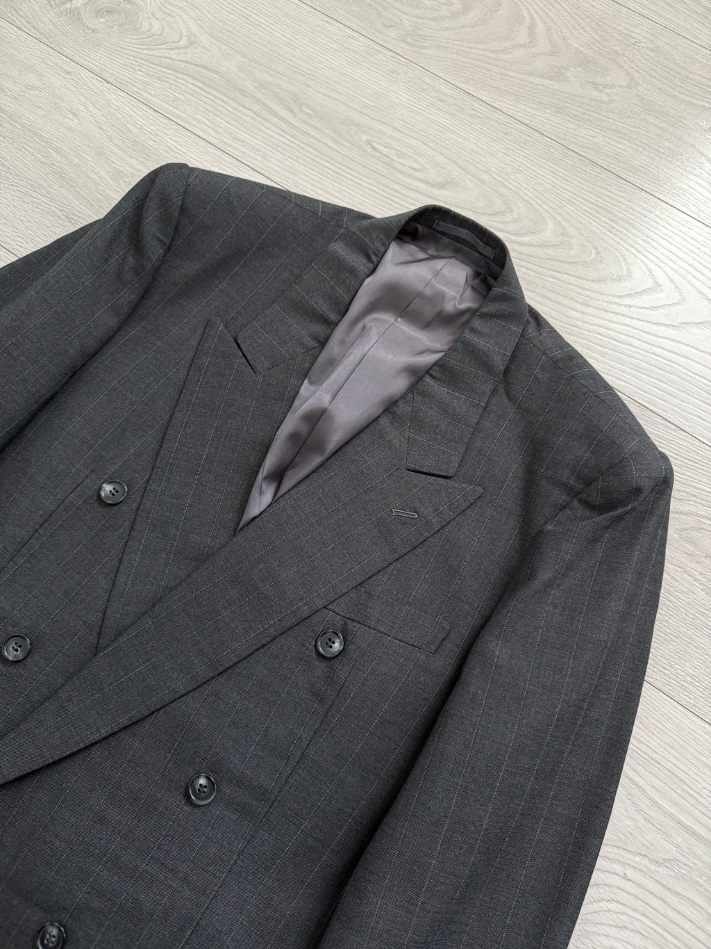 Yves Saint Laurent 1990s Double-Breasted Pleated Striped Grey Wool Suit - Size L Jacket / 32" Waist