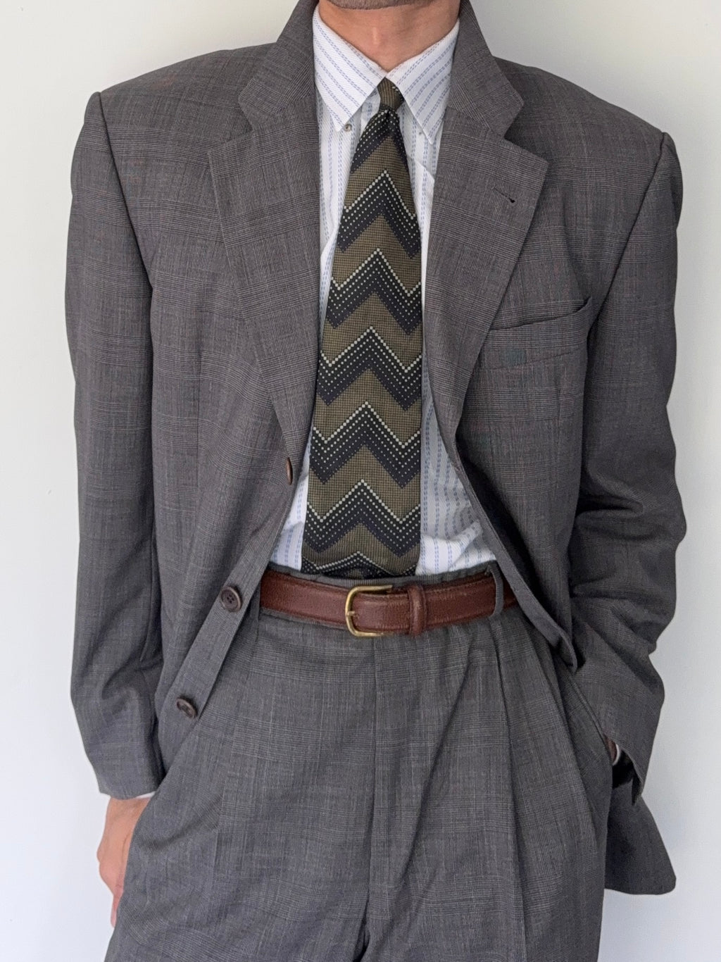 Hugo Boss 1980s 'Poseidon' 3B Pleated Wool Grey Suit - Size L Jacket / 34" Waist