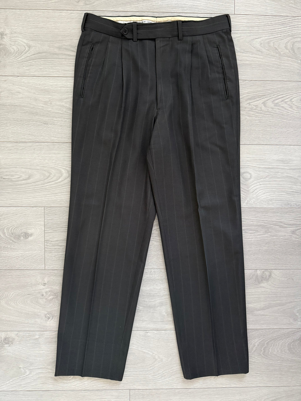 Giorgio Armani 1980s Peaked Lapel Double Breasted Striped Wool Pleated Suit - Size L Jacket / 34" Waist