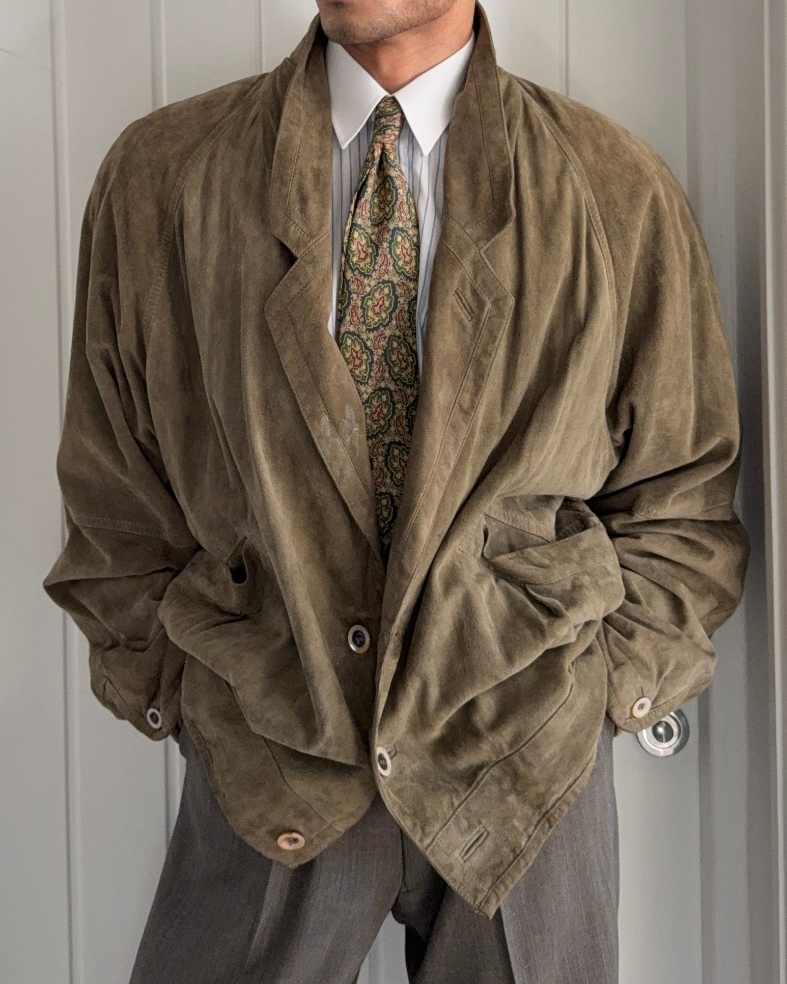 Hugo Boss 1980s Olive Suede Tailored Blouson Jacket - Size XL