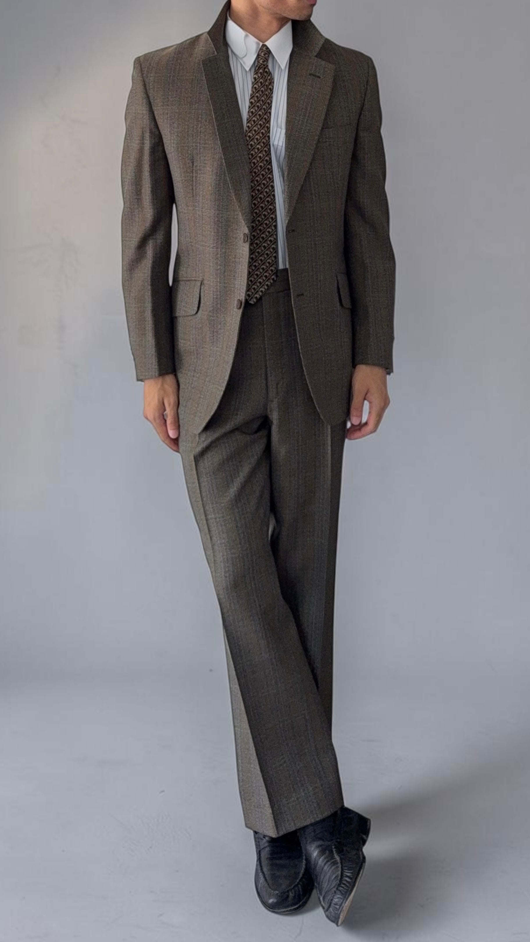 Vintage 1980s 2B Wool Textured Green Brown Suit - Size M Jacket / 32" Waist