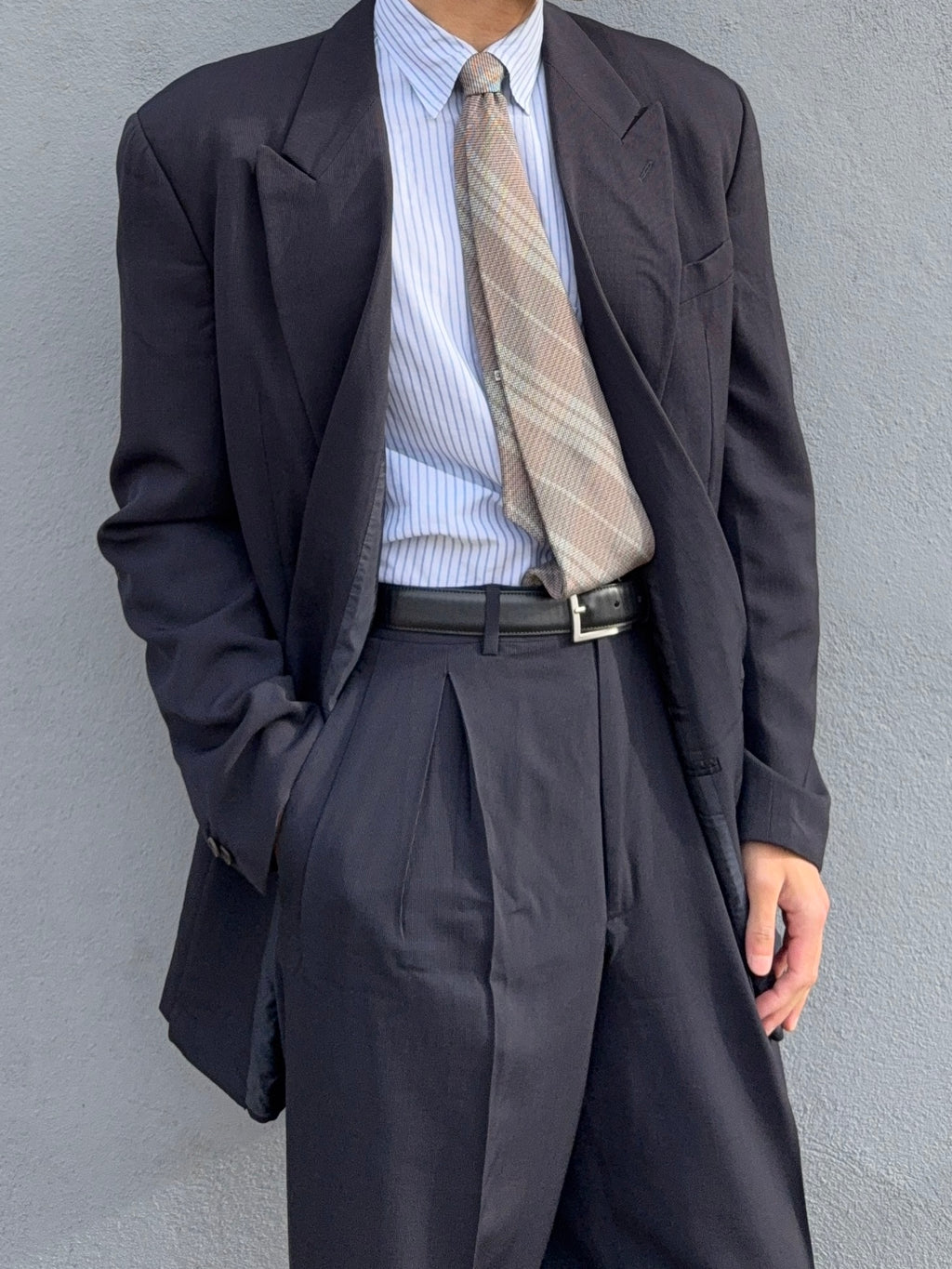 Giorgio Armani 1990s Double Breasted Pleated Navy Wool Suit  - Size L Jacket / 33" Waist