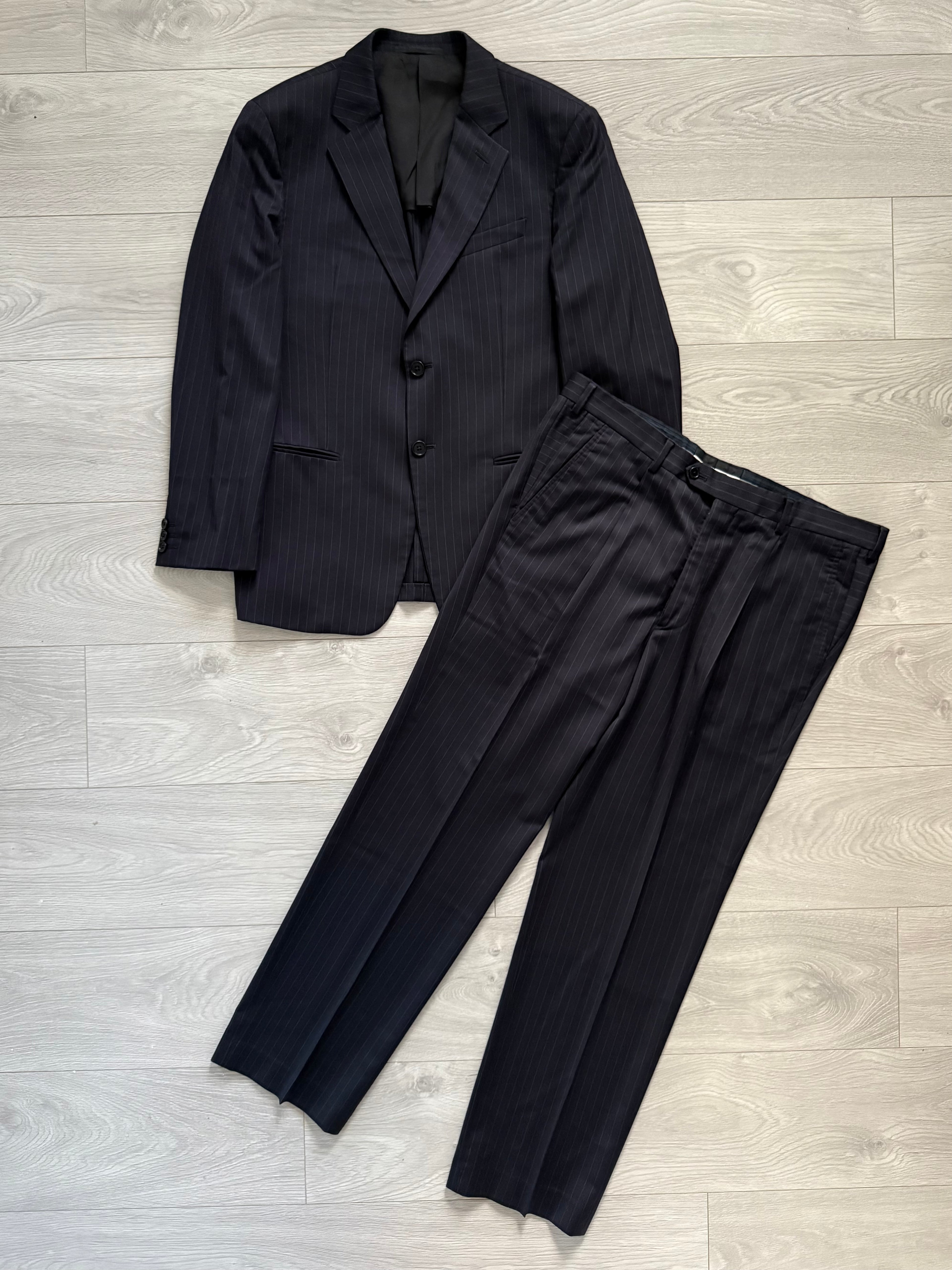 Armani 1990s Pleated 3B Striped Navy Wool Suit - Size M Jacket / 38" Waist