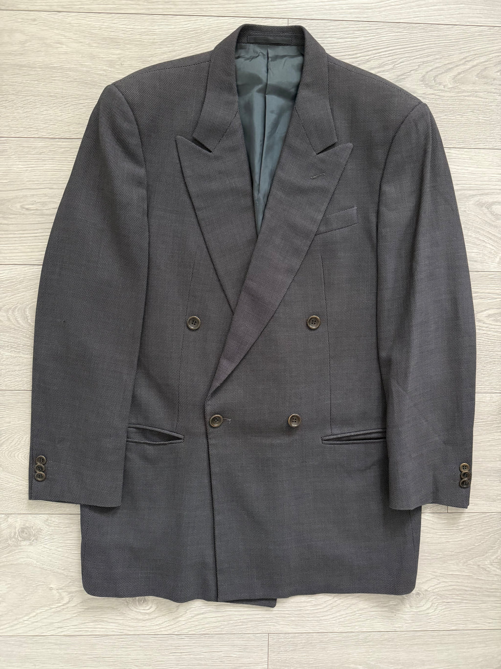 Armani 1990s Peaked Lapel Double Breasted Pleated Wool Grey Suit - Size L Jacket / 34" Waist