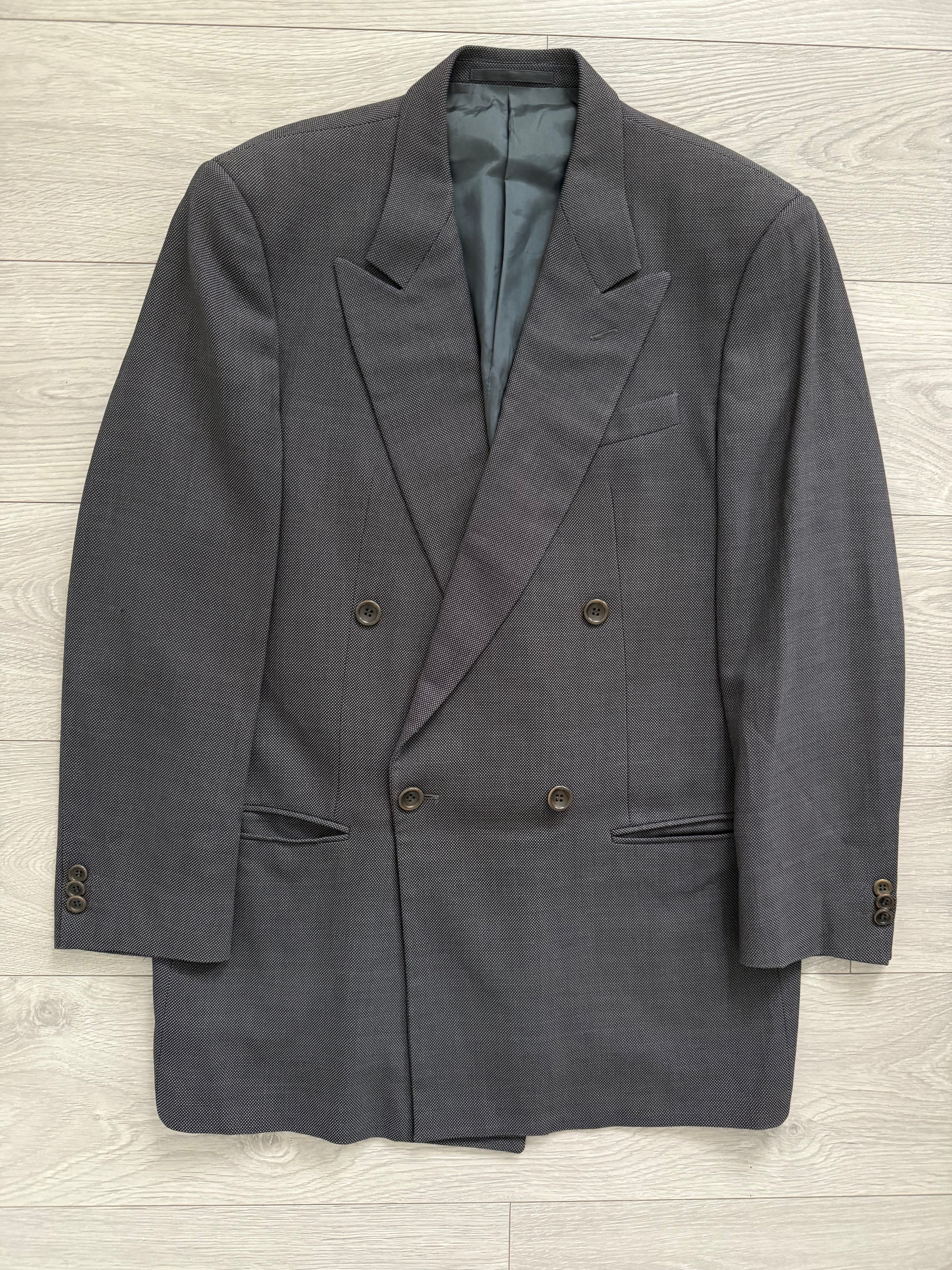 Armani 1990s Peaked Lapel Double Breasted Pleated Wool Grey Suit - Size L Jacket / 34" Waist