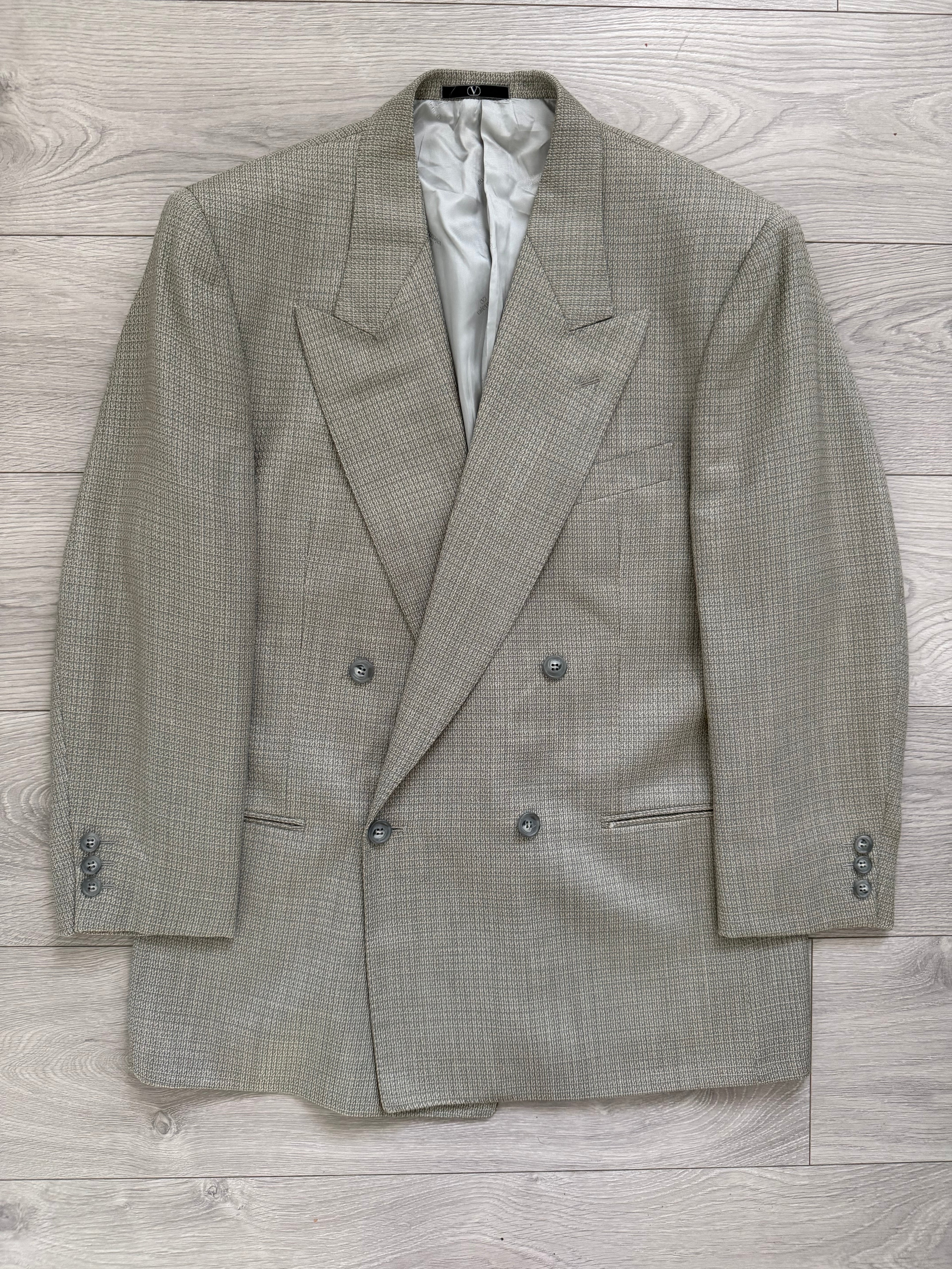 Valentino 1980s Peaked Lapel Double Breasted Grey Wool Blend Textured Sports Jacket Blazer - Size L