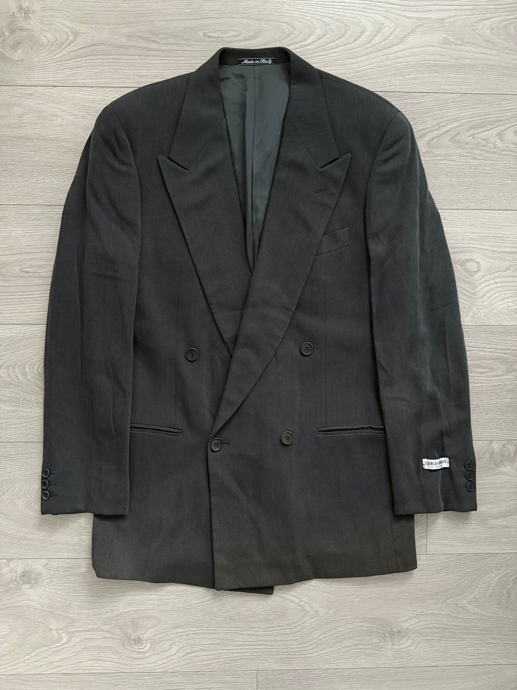Giorgio Armani 1980s Double Breasted Pleated Wool Suit Steel Charcoal New - Size L Jacket / 32" Waist