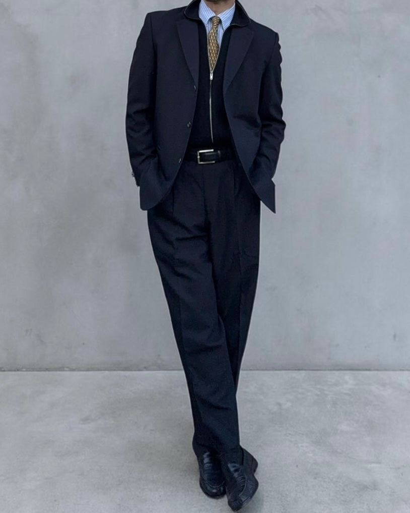 Comme Des Garcons Homme 2001 3B Navy Blue Pleated Wool Blend Suit - Size M Jacket / 30" Waist