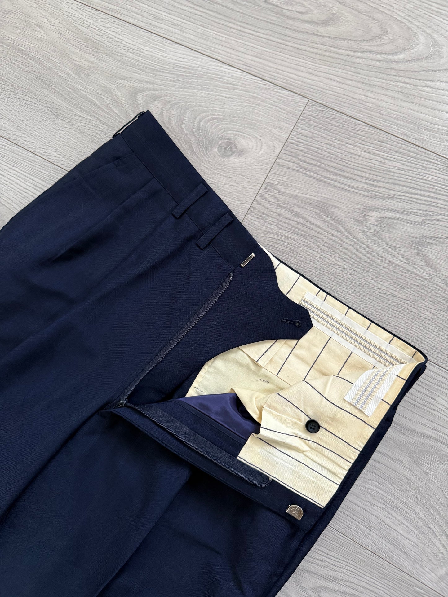 Yves Saint Laurent 1990s Double-Breasted Pleated Striped Blue Wool Suit - Size L Jacket / 32" Waist