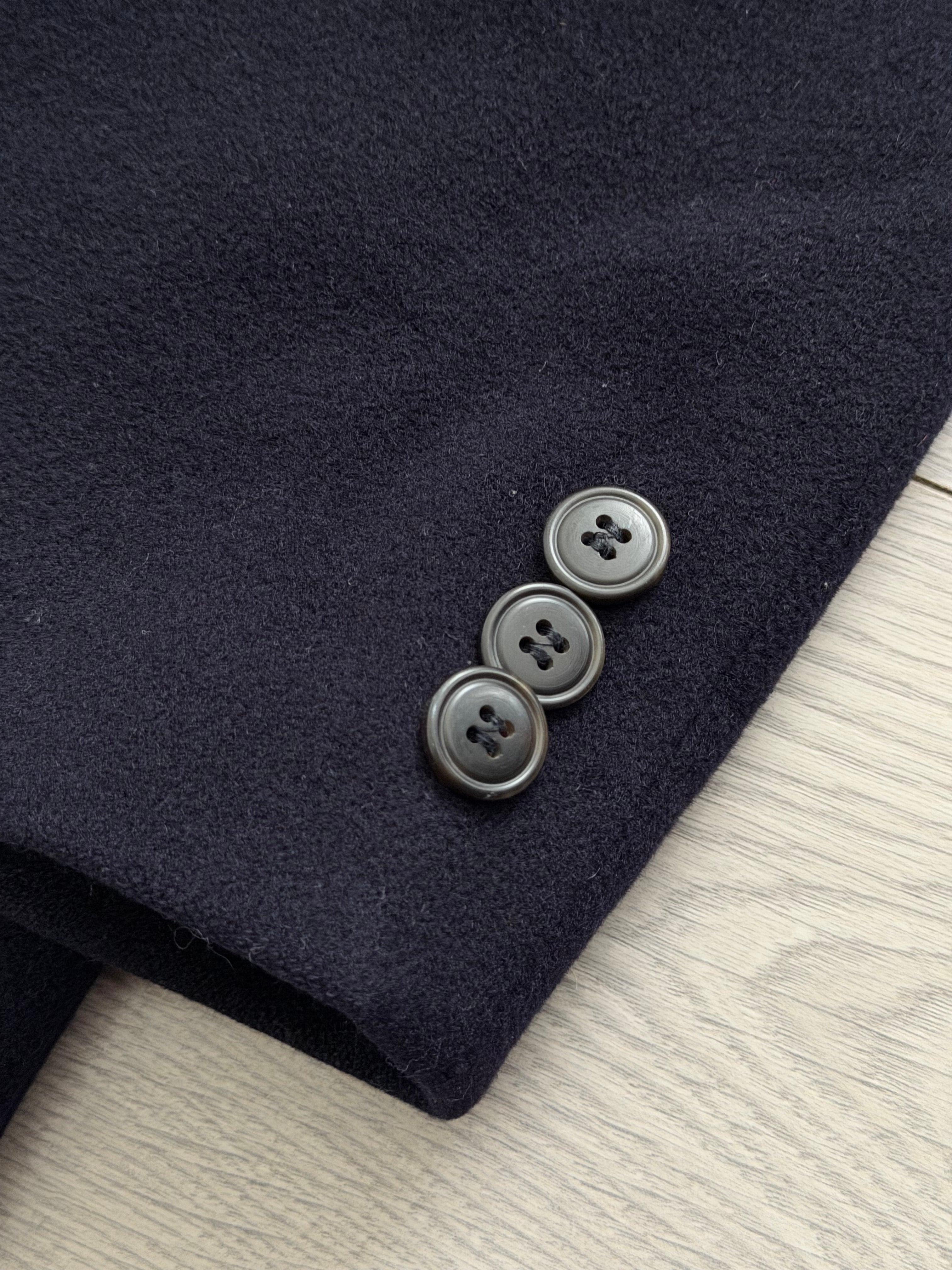 Hugo Boss 1980s 'Yamaha' Peaked Lapel Navy Wool Overcoat - Size XXL