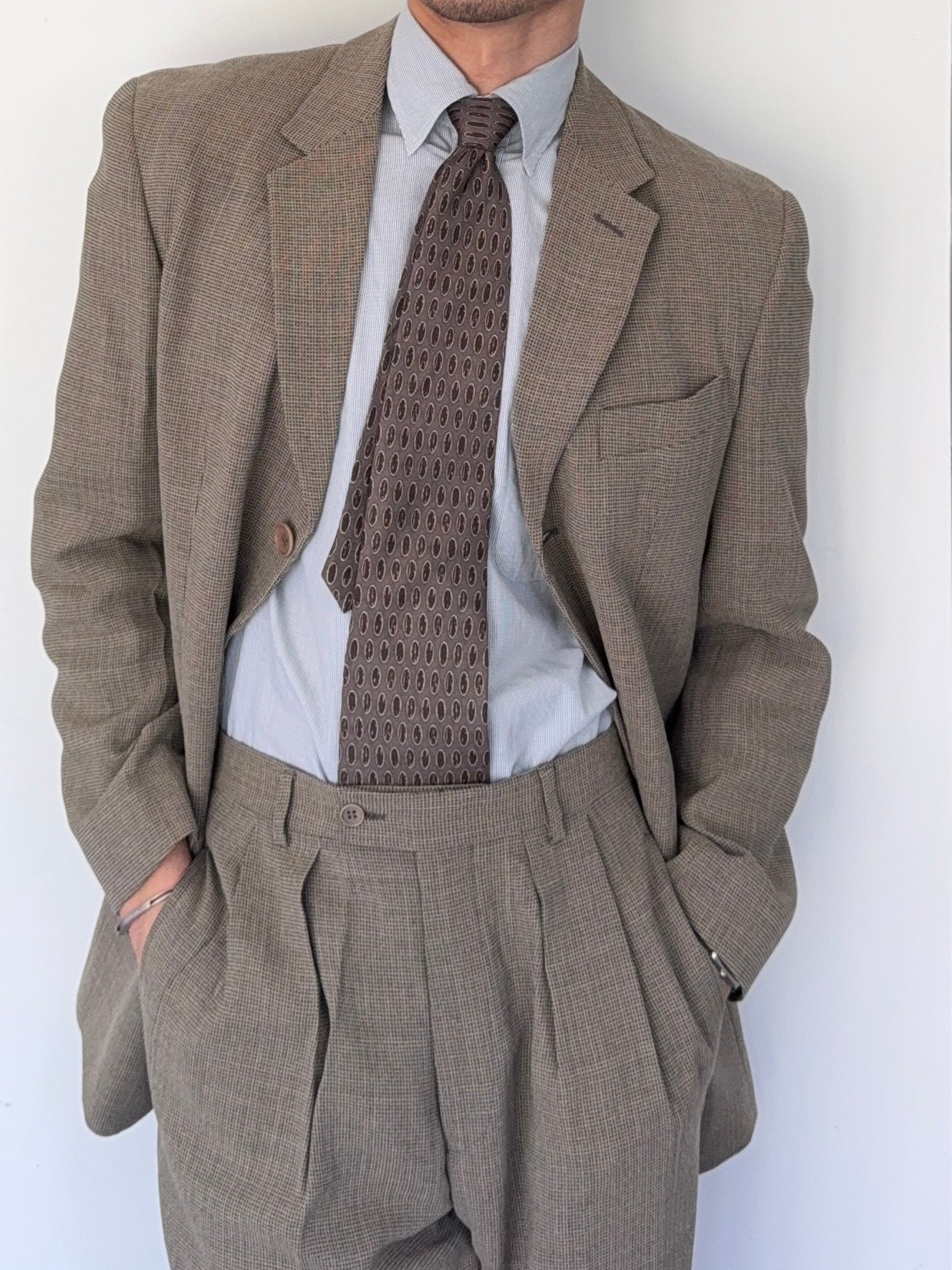 Emporio Armani 1990s 3B Double-Pleat Draped Wool Suit in Taupe Beige - Size M Jacket / 30" Waist