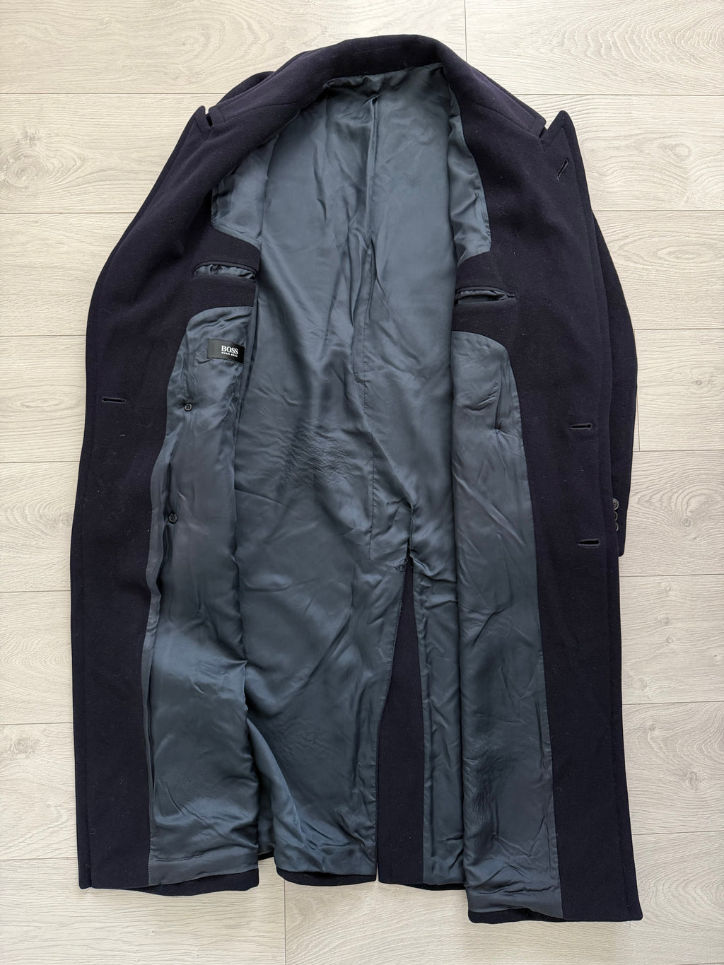 Hugo Boss 1980s 'Yamaha' Peaked Lapel Navy Wool Overcoat - Size XXL