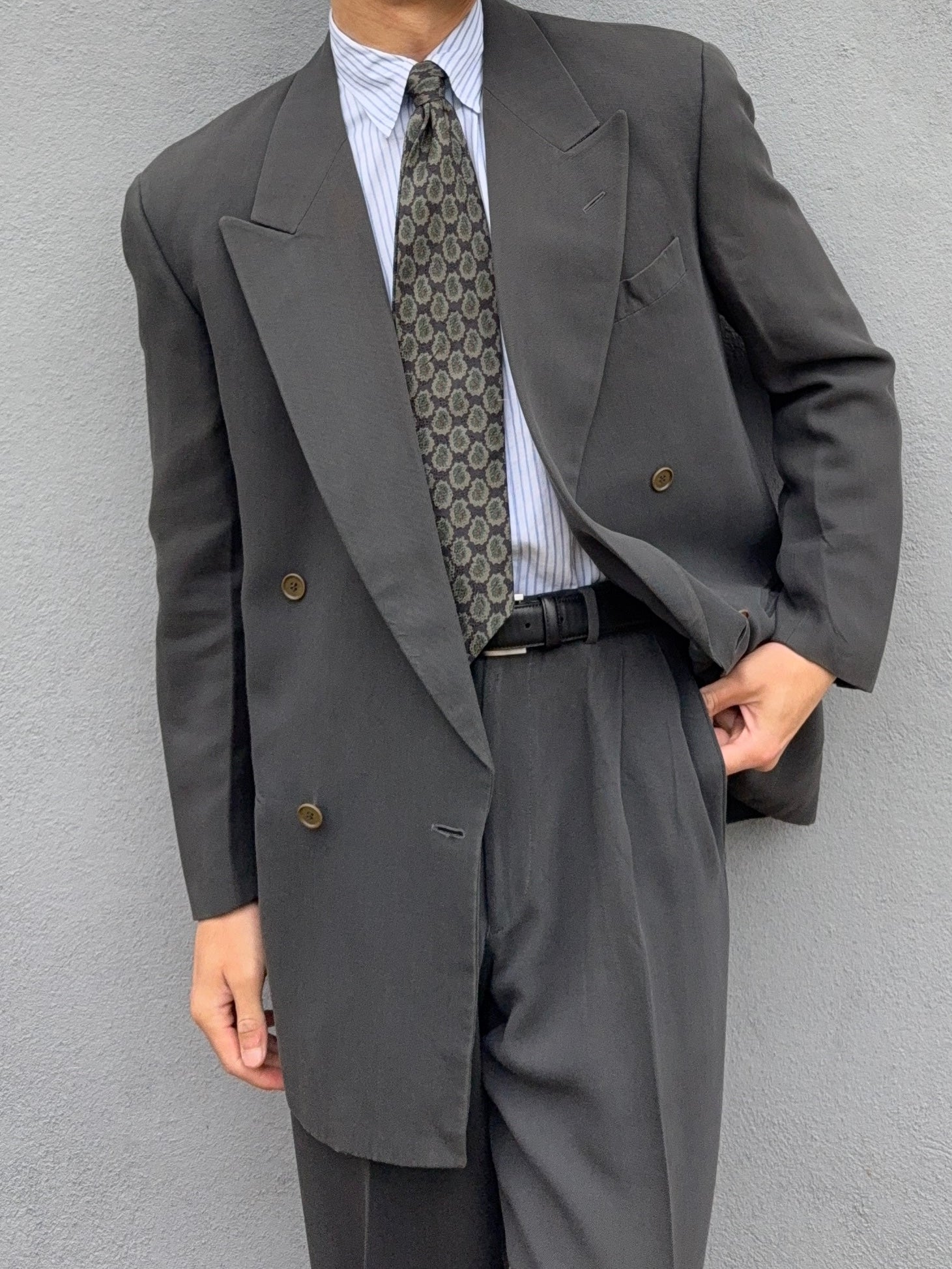 Emporio Armani 1990s Double Breasted Pleated Wool Grey Suit - Size M Jacket / 31" Waist