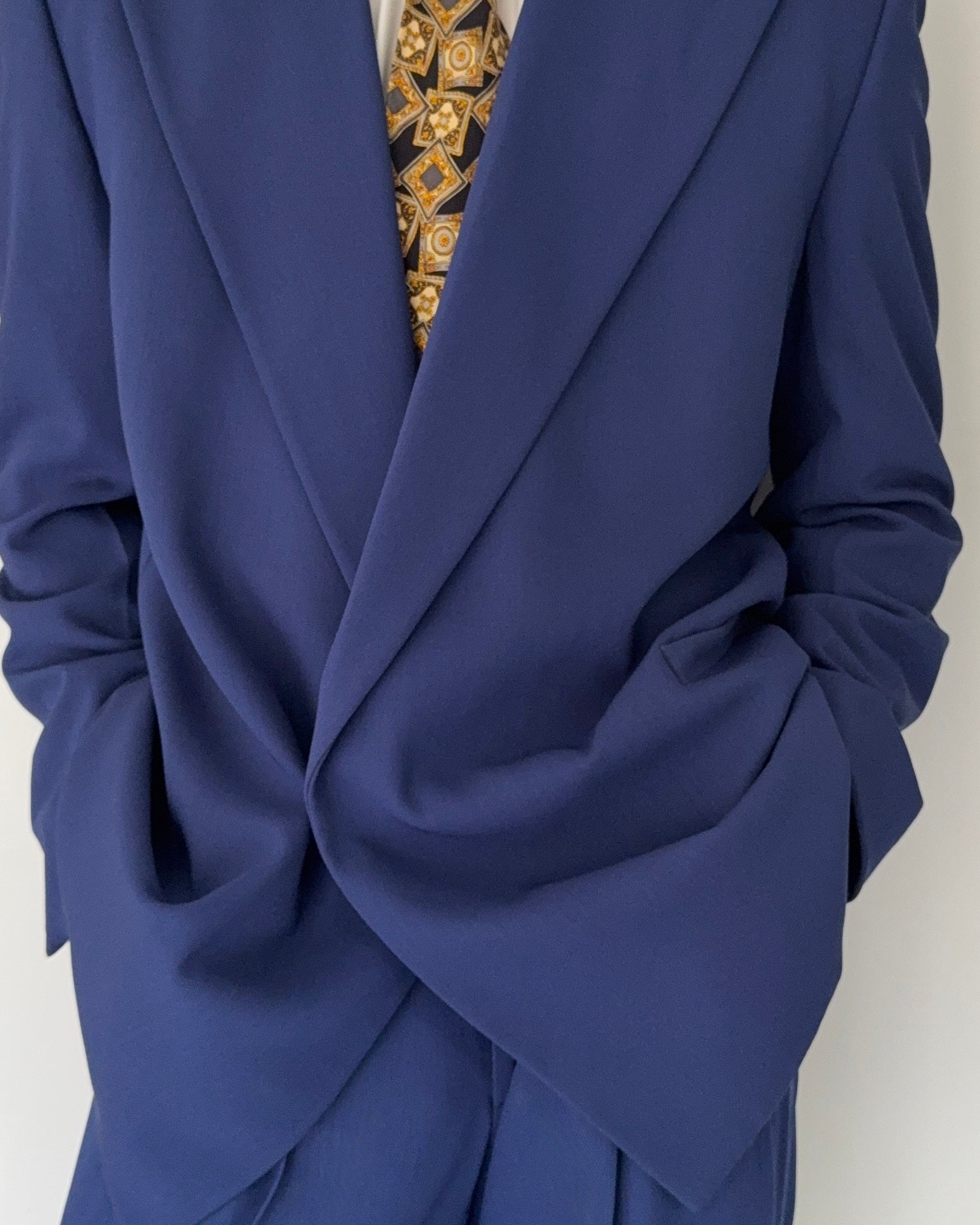 Versace 1980s Draped Hidden Button Peaked Lapel Double Breasted Pleated Wool Suit - Size L Jacket / 32" Waist