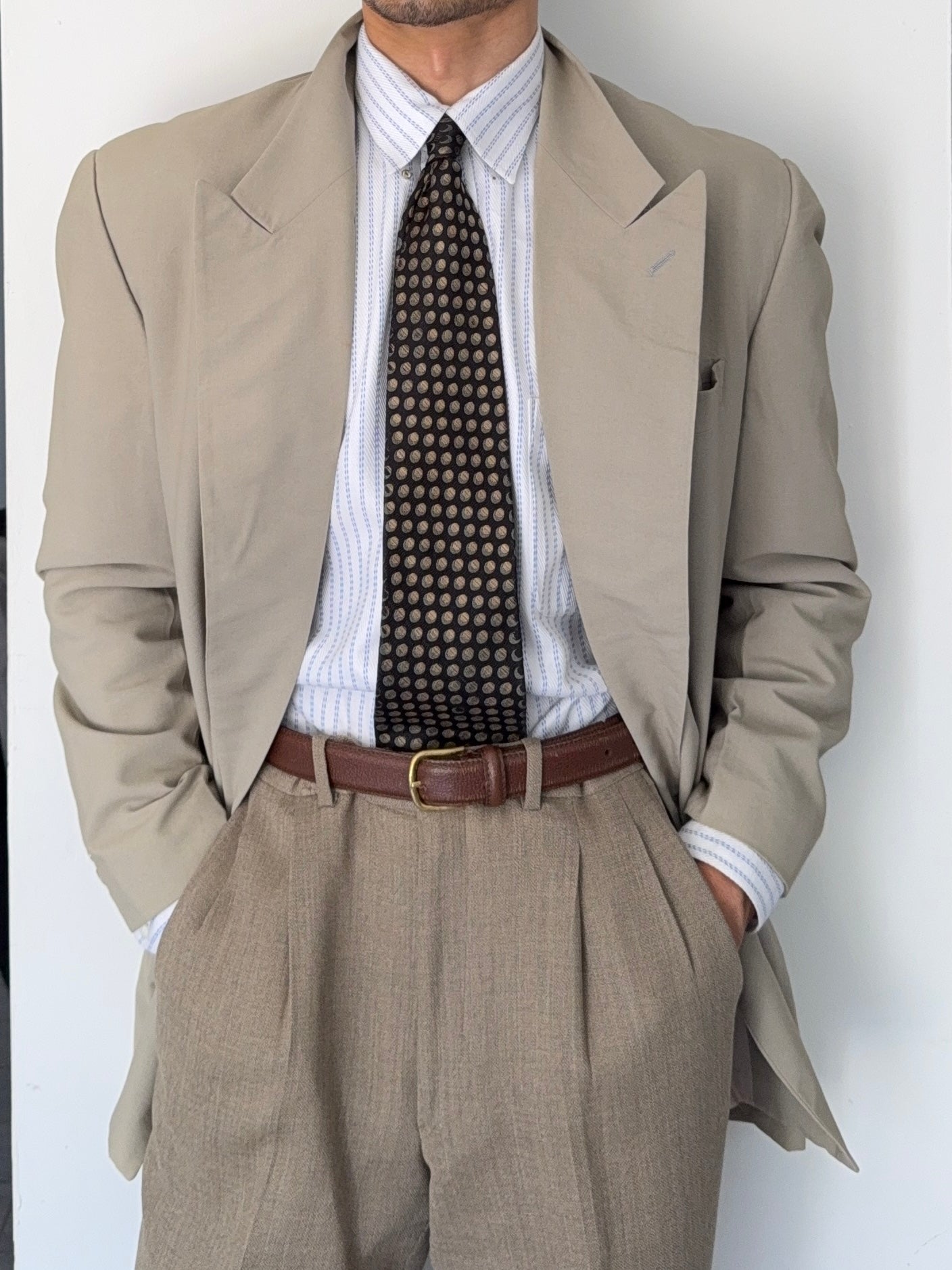 Emporio Armani 1990s Peaked Lapel Double Breasted Taupe Grey Sports Jacket Blazer - Size L