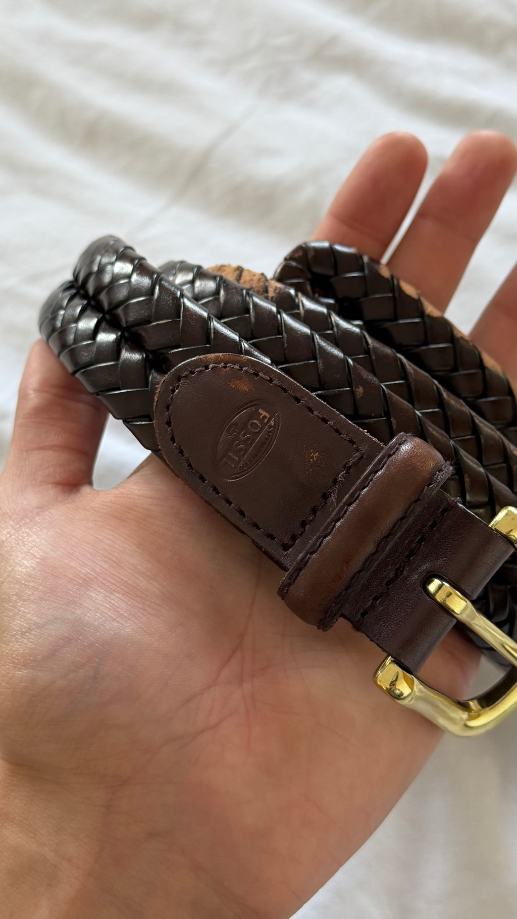 Fossil 1990s Gold Buckle Braided Leather Belt Brown - One Size