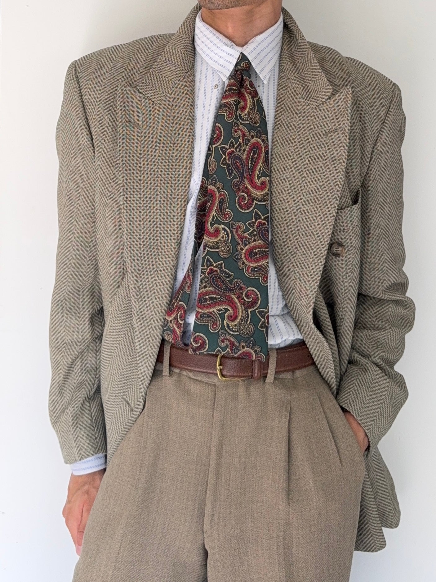 Hugo Boss 1980s 'Zeus' Peaked Lapel Double Breasted Herringbone Wool Sports Blazer Jacket - Size L