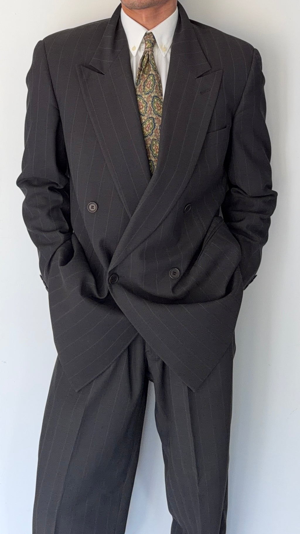 Giorgio Armani 1980s Peaked Lapel Double Breasted Striped Wool Pleated Suit - Size L Jacket / 34" Waist