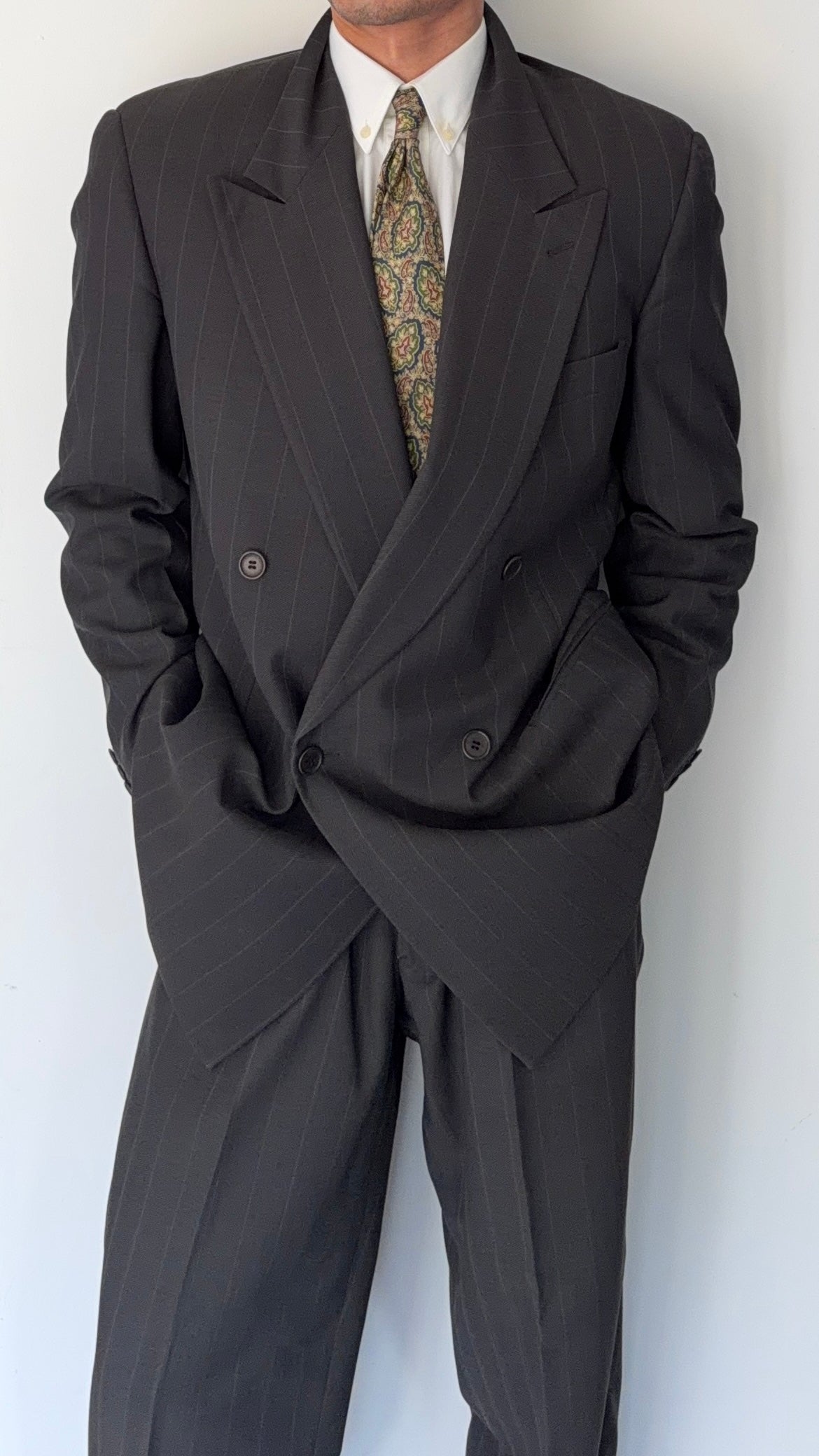 Giorgio Armani 1980s Peaked Lapel Double Breasted Striped Wool Pleated Suit - Size L Jacket / 34" Waist