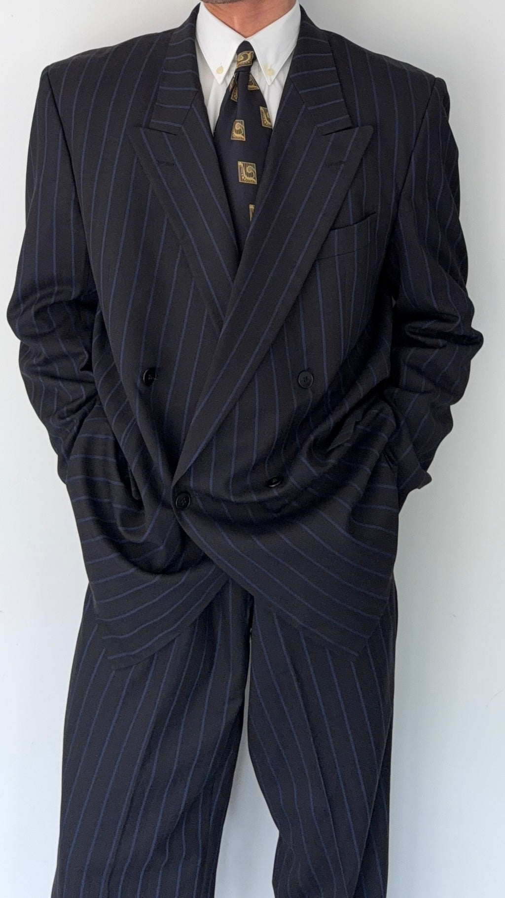 Hugo Boss 1980s Peaked Lapel Double Breasted Pleated Wool Suit - Size XXL Jacket / 34" Waist