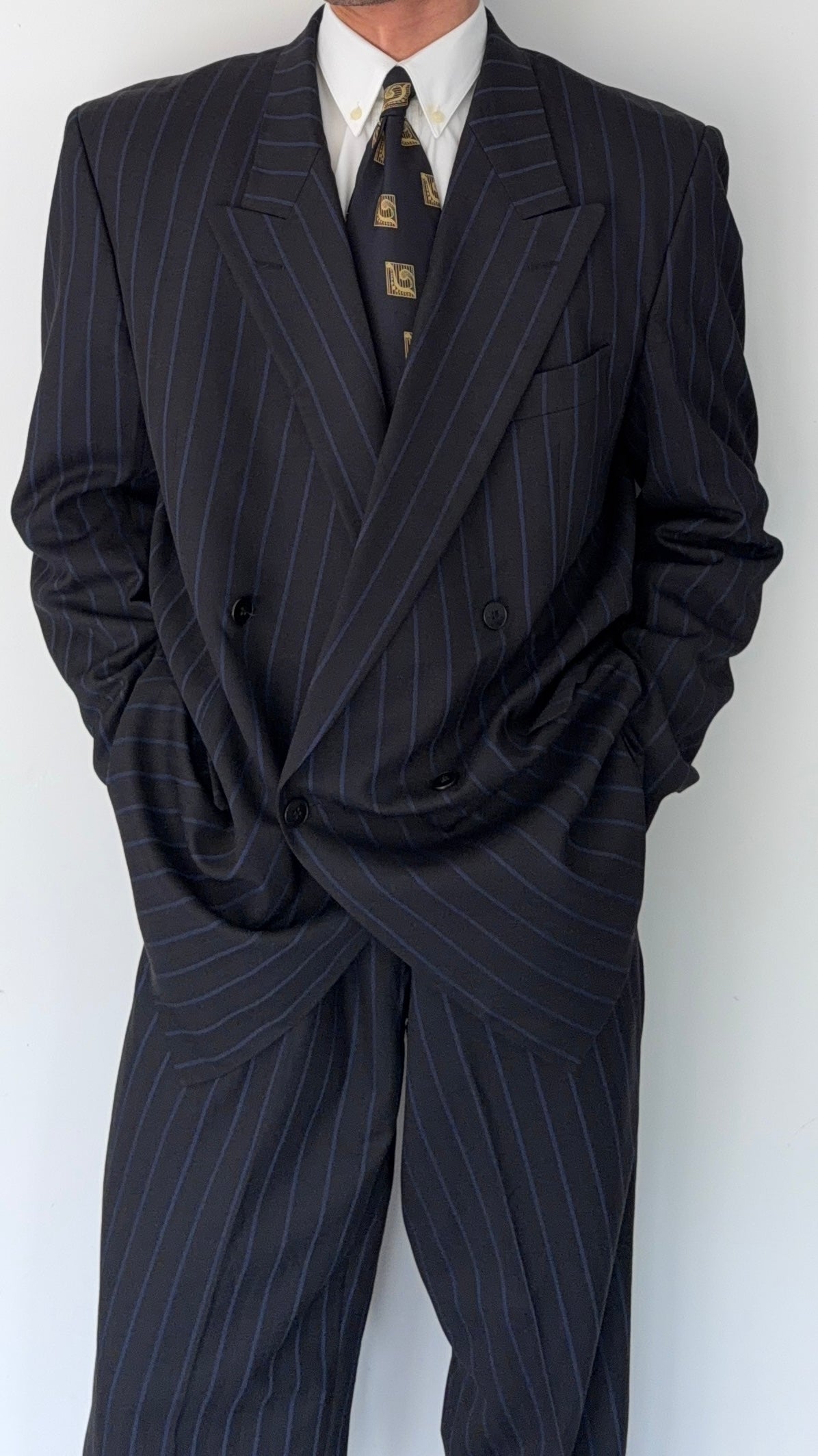 Hugo Boss 1980s Peaked Lapel Double Breasted Pleated Wool Suit - Size XXL Jacket / 34" Waist