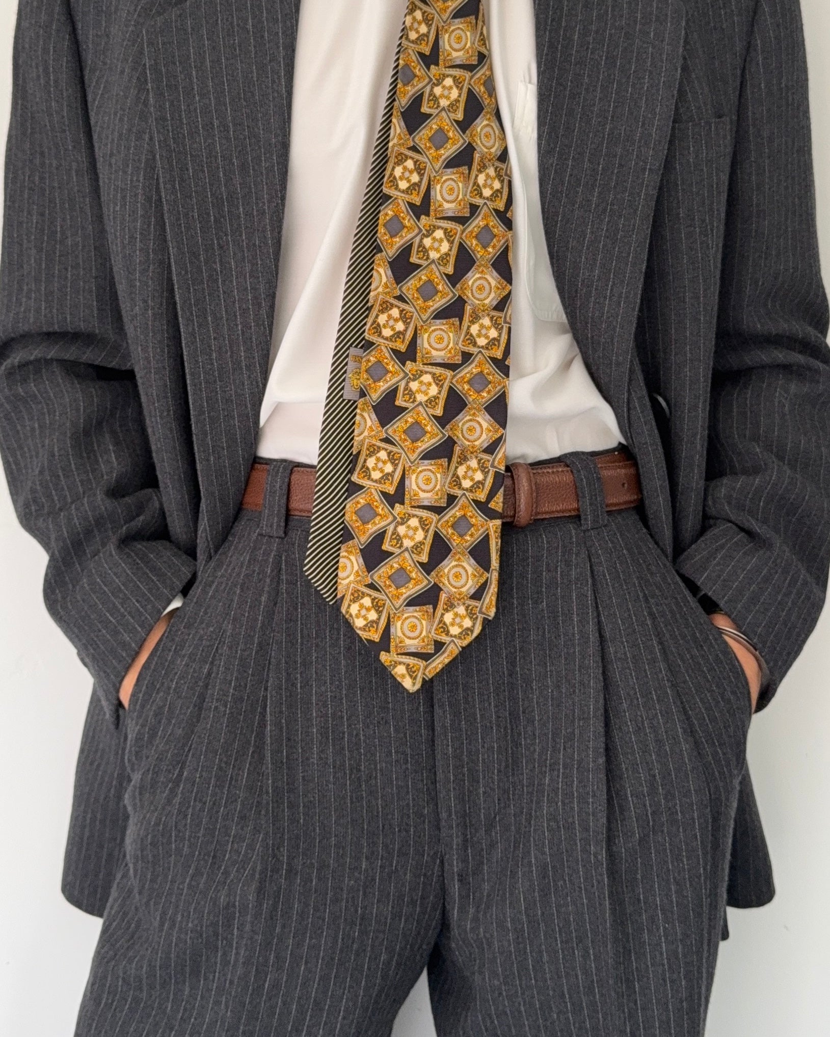 Versace 1980s Notch Lapel Double Breasted Pleated Wool Pinstriped Suit Grey - Size M Jacket / 32" Waist