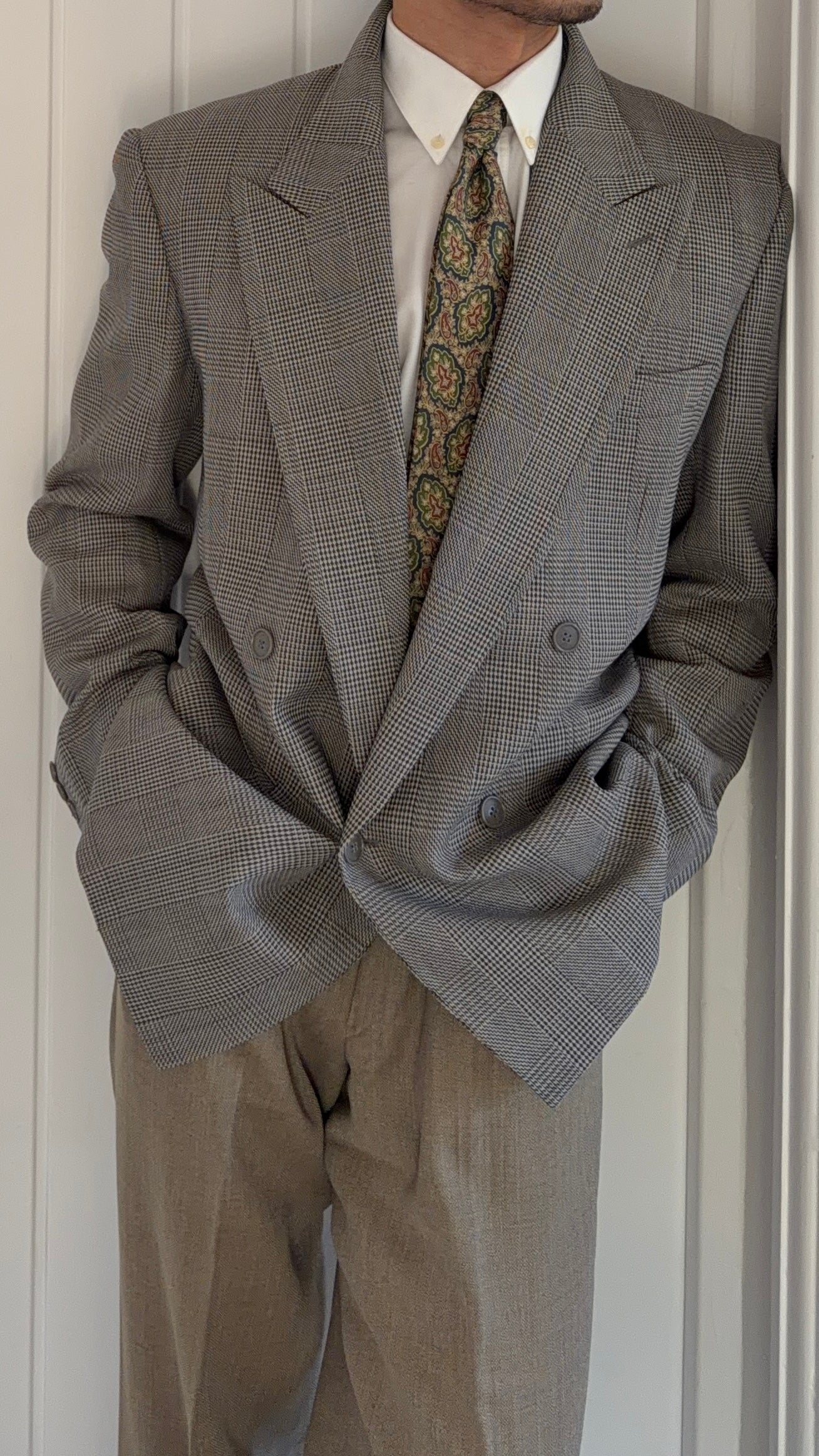 Giorgio Armani 1980s Double Breasted Peaked Lapel Check Wool Sport