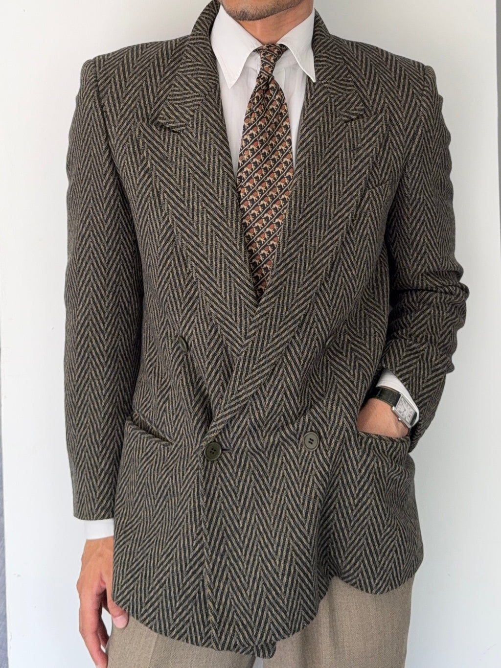 Hilton Armani 1980s Peaked Lapel Double Breasted Herringbone Sports Jacket Blazer - Size S