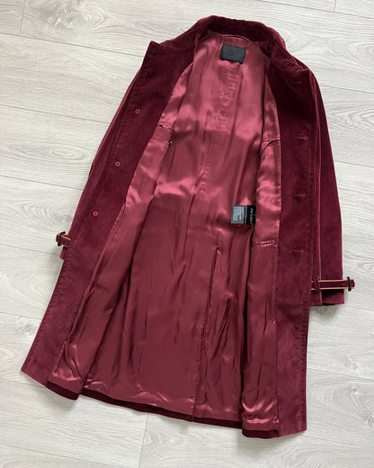 Prada FW2017 Runway Burgundy Red Western Corduroy Belted Coat - Size M